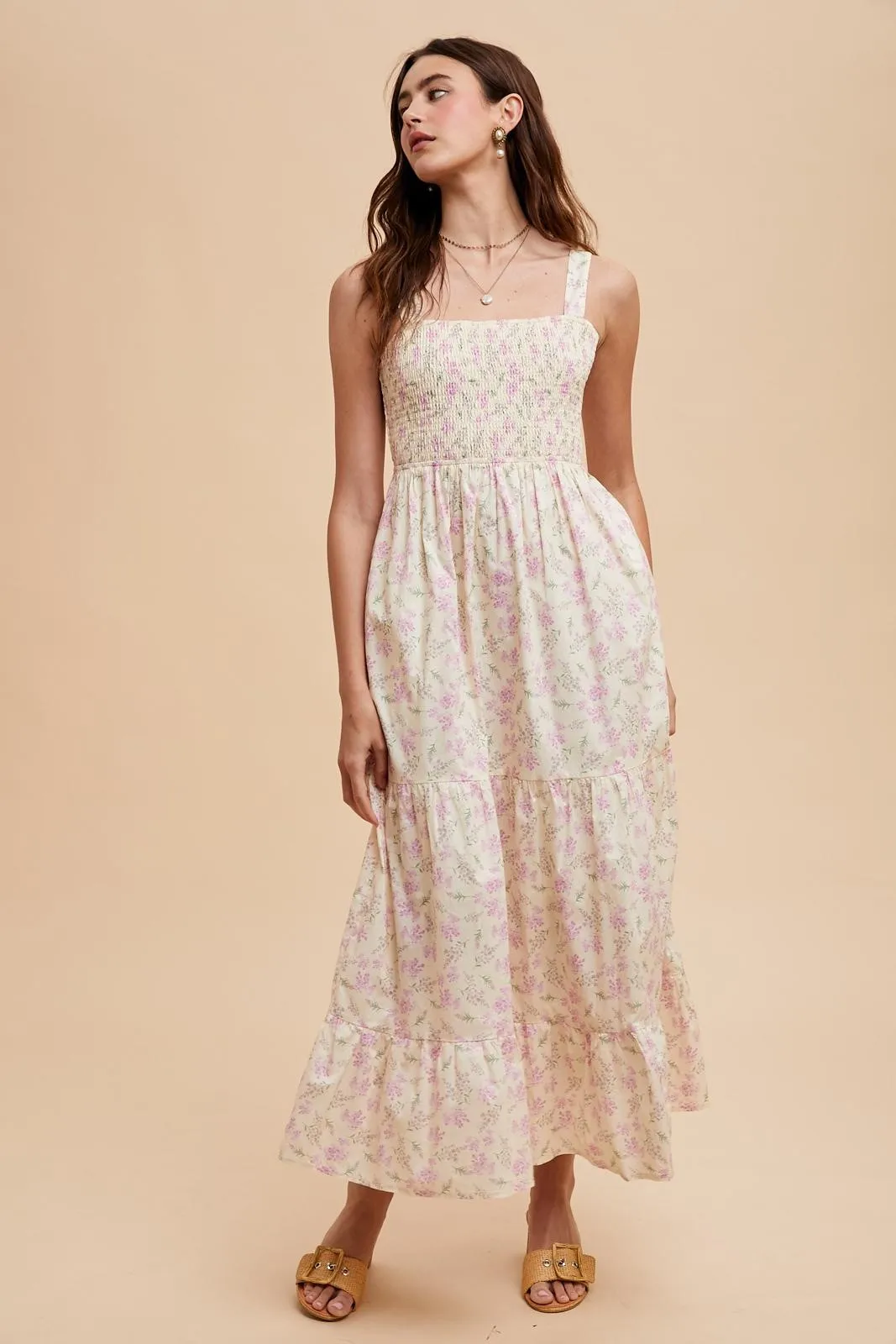 Light Pink Smocked Cotton Floral Sleeveless Maxi Dress sold by Pinkblush product image thumbnail 4