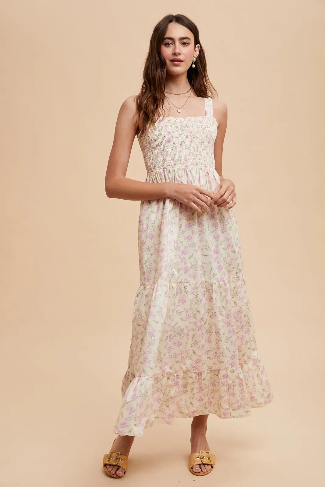 Light Pink Smocked Cotton Floral Sleeveless Maxi Dress sold by Pinkblush