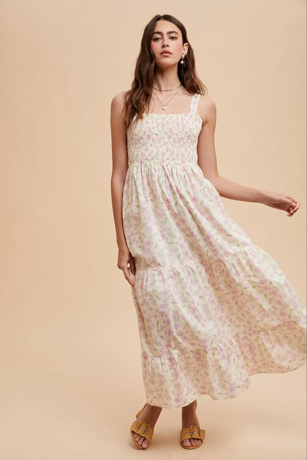 Light Pink Smocked Cotton Floral Sleeveless Maxi Dress sold by Pinkblush product image thumbnail 2