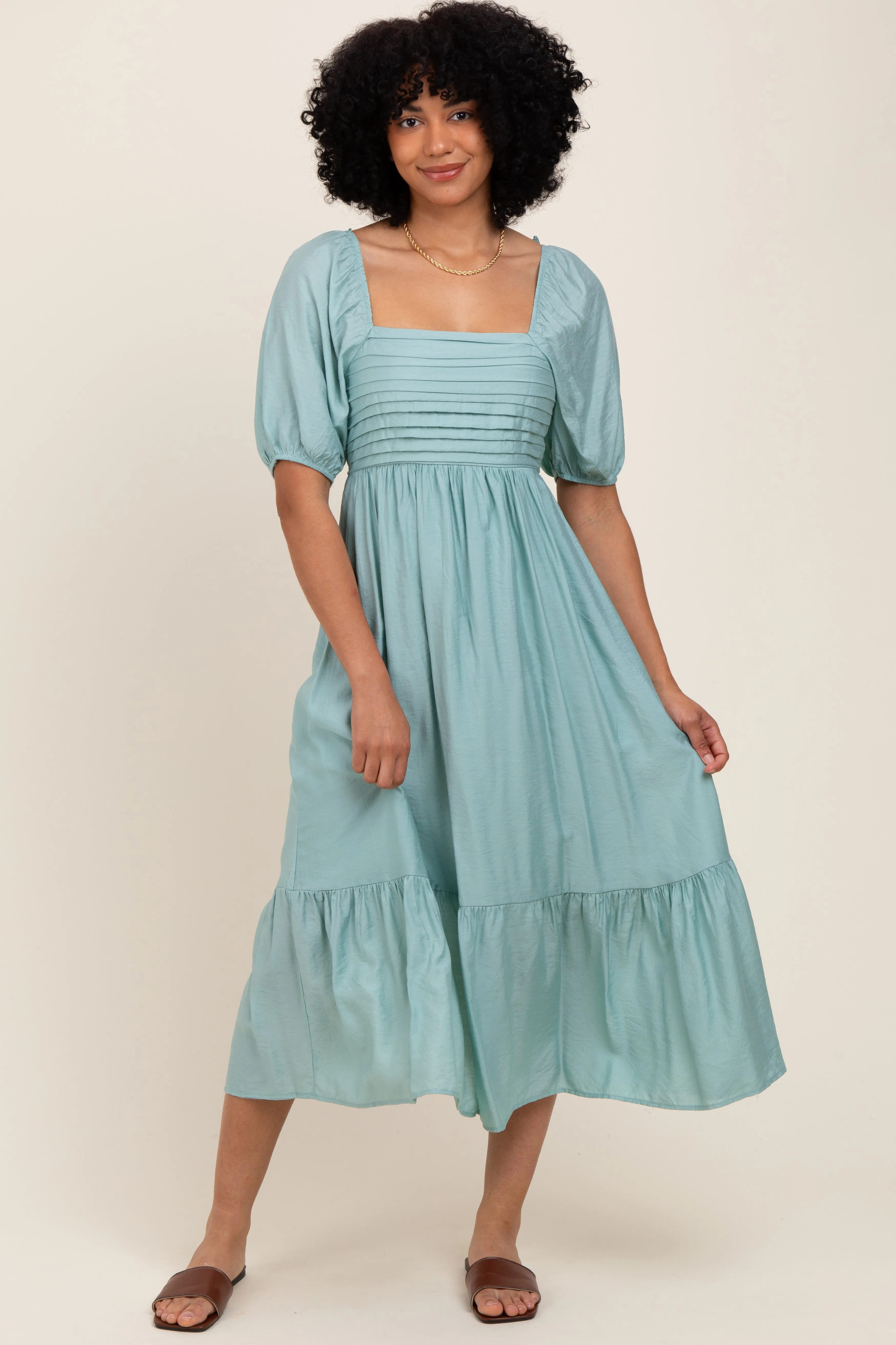 Light Olive Pleated Bodice Puff Sleeve Midi Dress sold by Pinkblush