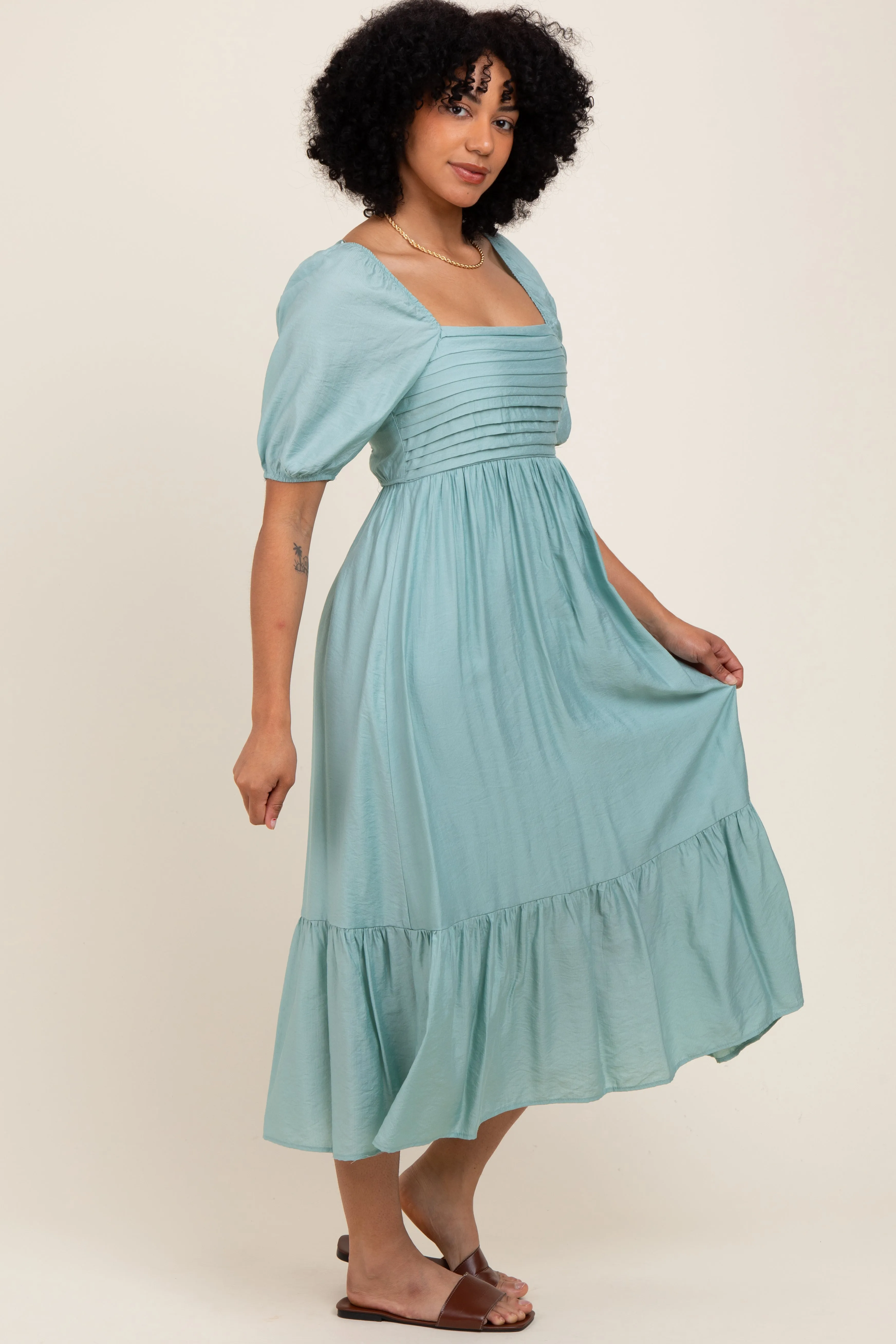 Light Olive Pleated Bodice Puff Sleeve Midi Dress sold by Pinkblush product image thumbnail 2