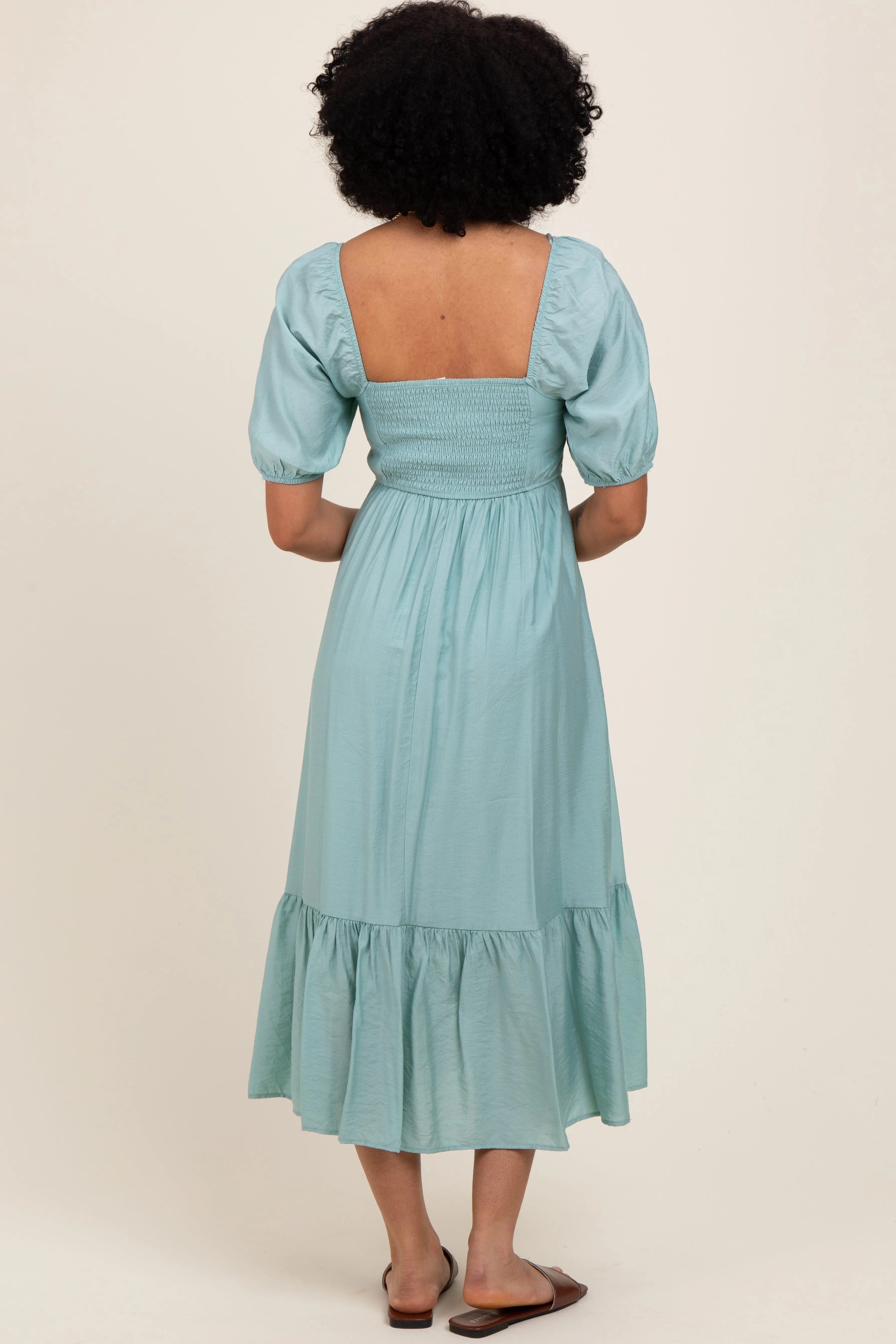 Light Olive Pleated Bodice Puff Sleeve Midi Dress sold by Pinkblush product image thumbnail 3