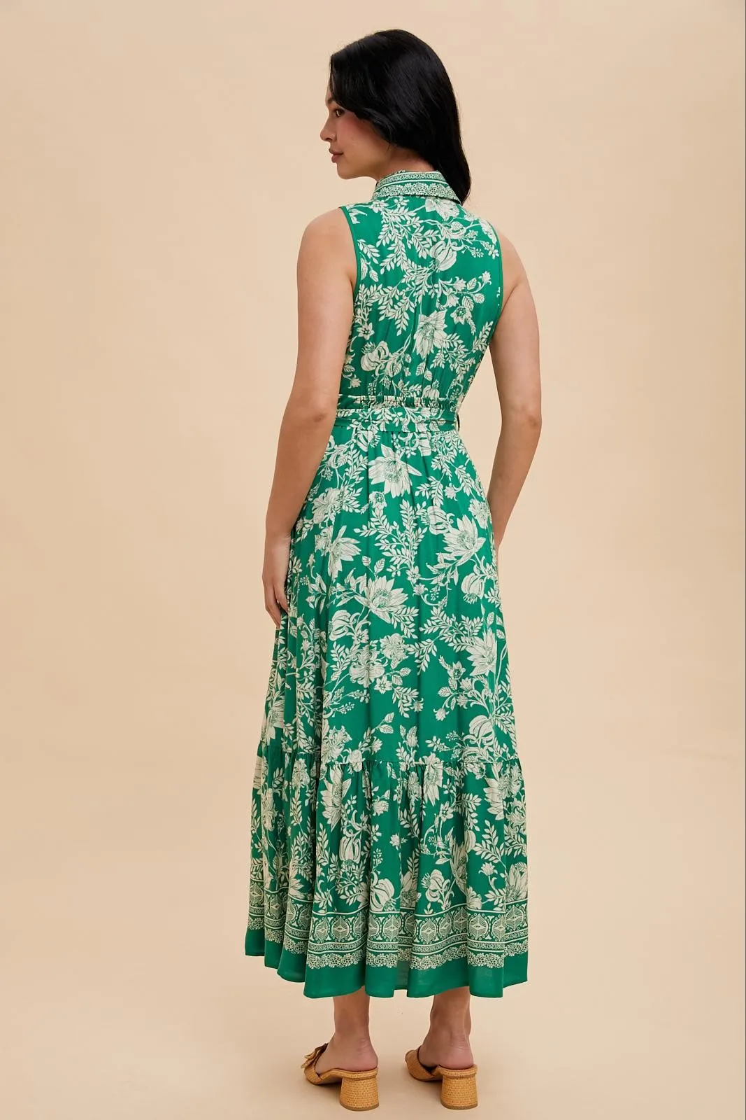 Green Floral Border Print Lapel Button Down Maxi Dress sold by Pinkblush product image thumbnail 4