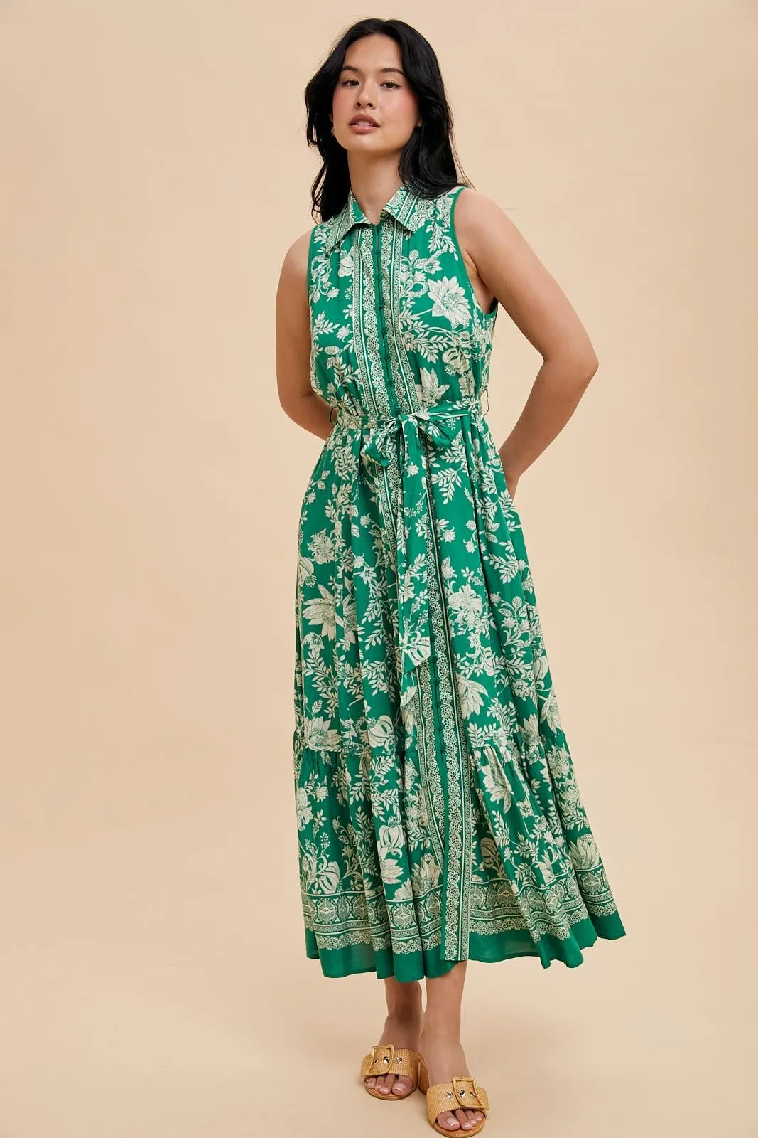 Green Floral Border Print Lapel Button Down Maxi Dress sold by Pinkblush