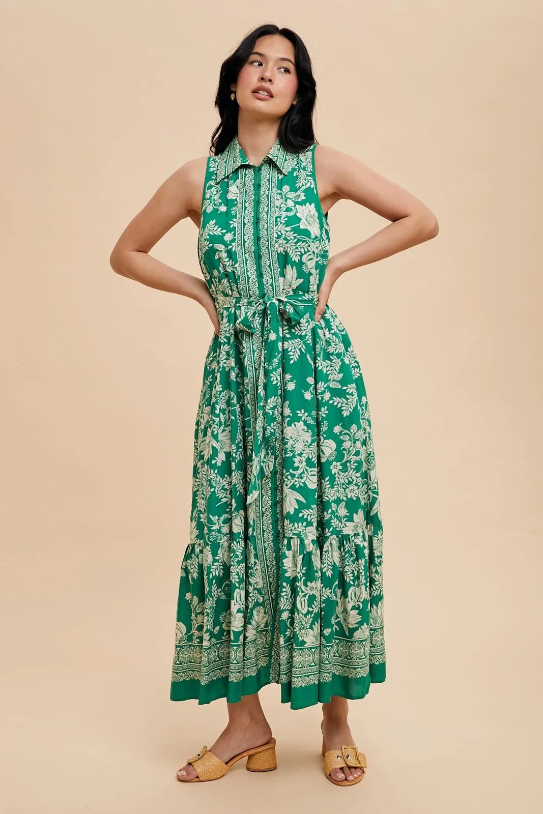Green Floral Border Print Lapel Button Down Maxi Dress sold by Pinkblush product image thumbnail 2