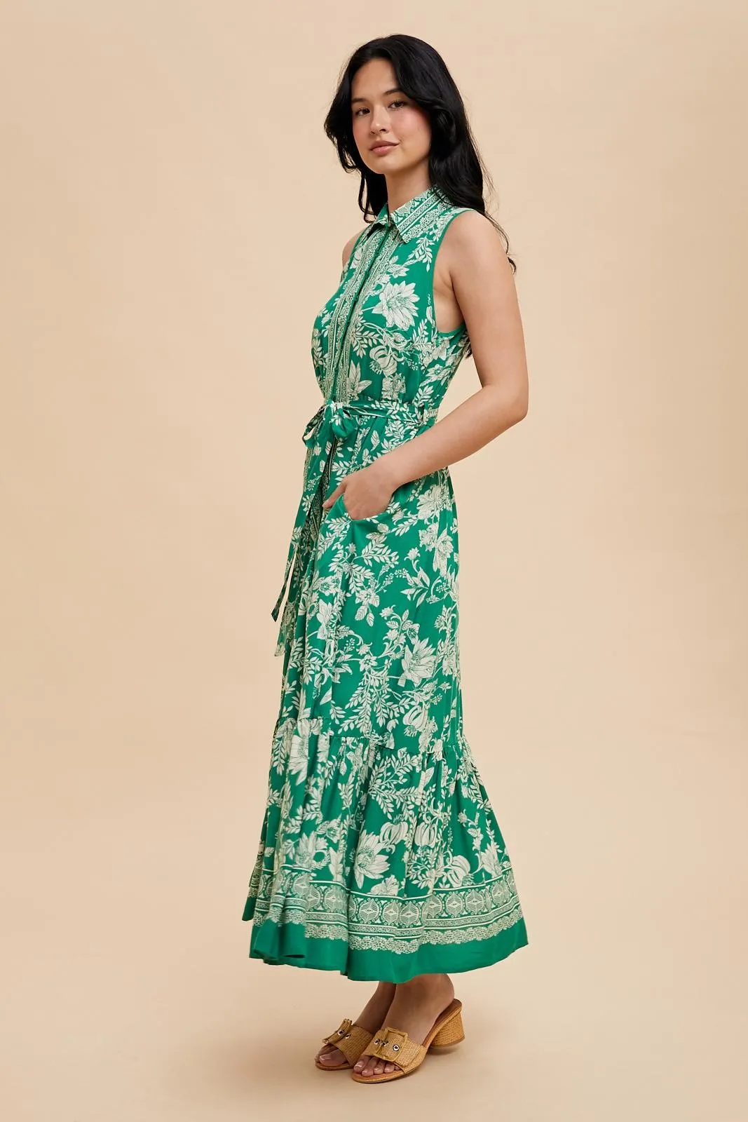 Green Floral Border Print Lapel Button Down Maxi Dress sold by Pinkblush product image thumbnail 3