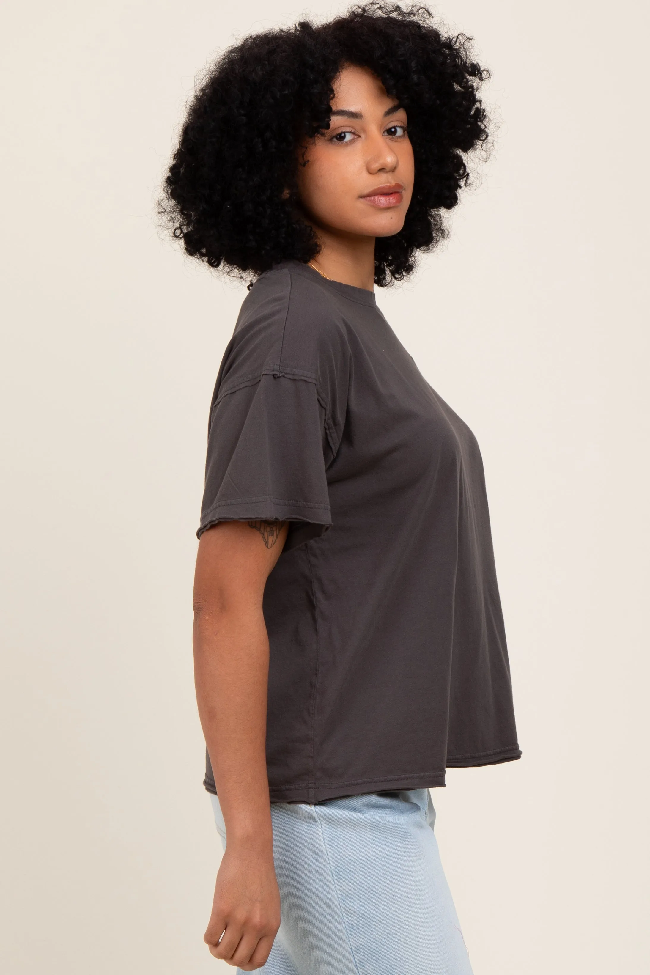 Black Boxy Raw Edge Short Sleeve Tee sold by Pinkblush product image thumbnail 3