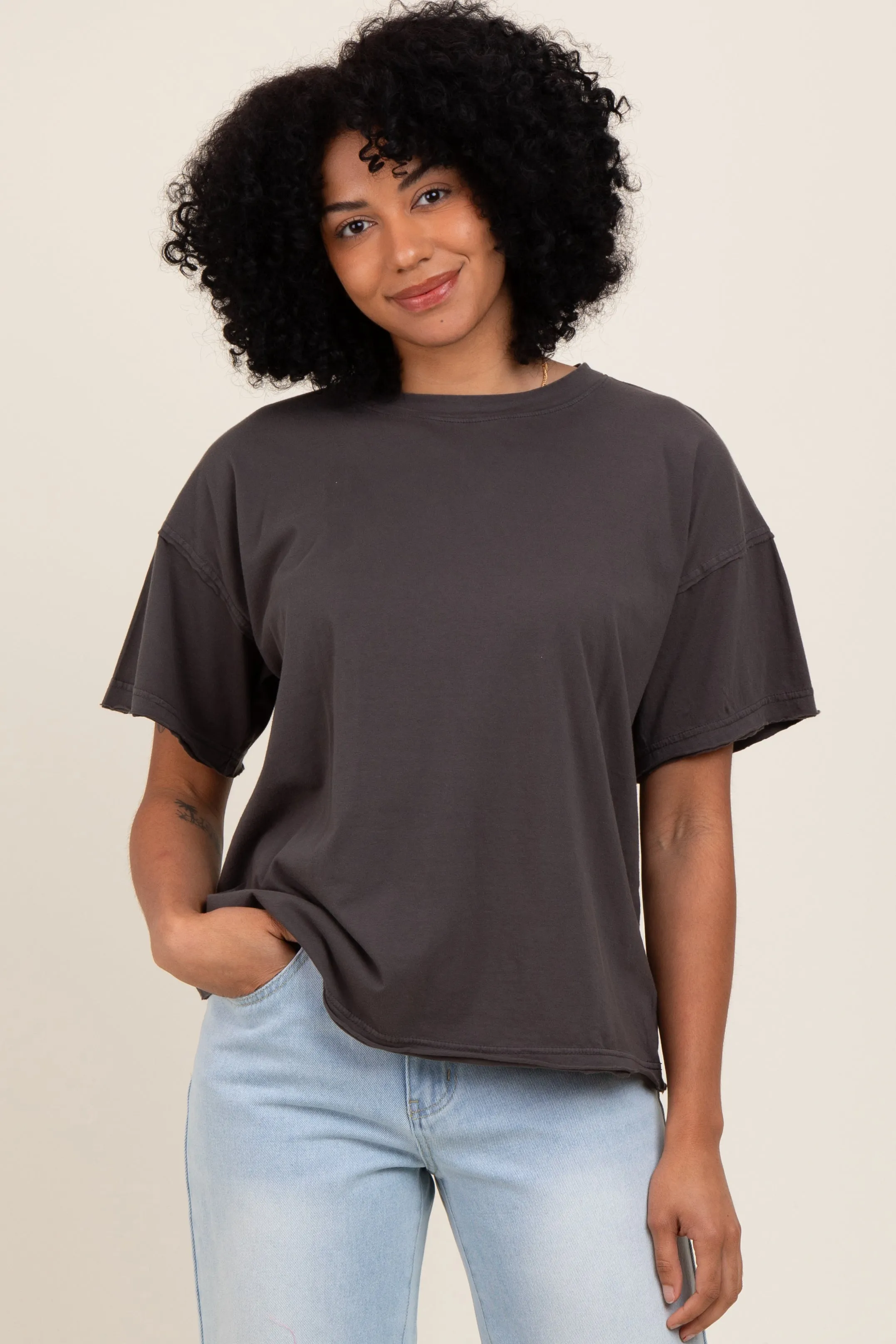 Black Boxy Raw Edge Short Sleeve Tee sold by Pinkblush