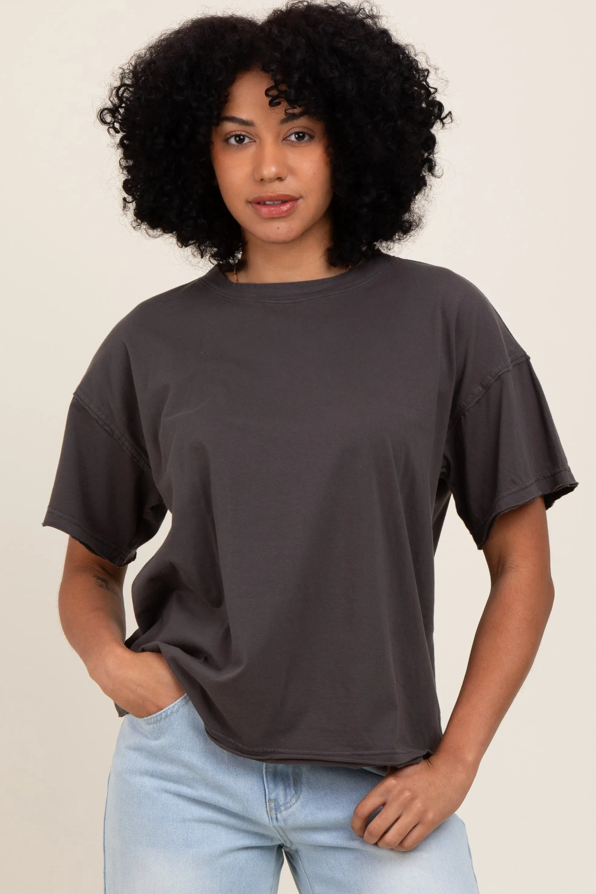 Black Boxy Raw Edge Short Sleeve Tee sold by Pinkblush product image thumbnail 2