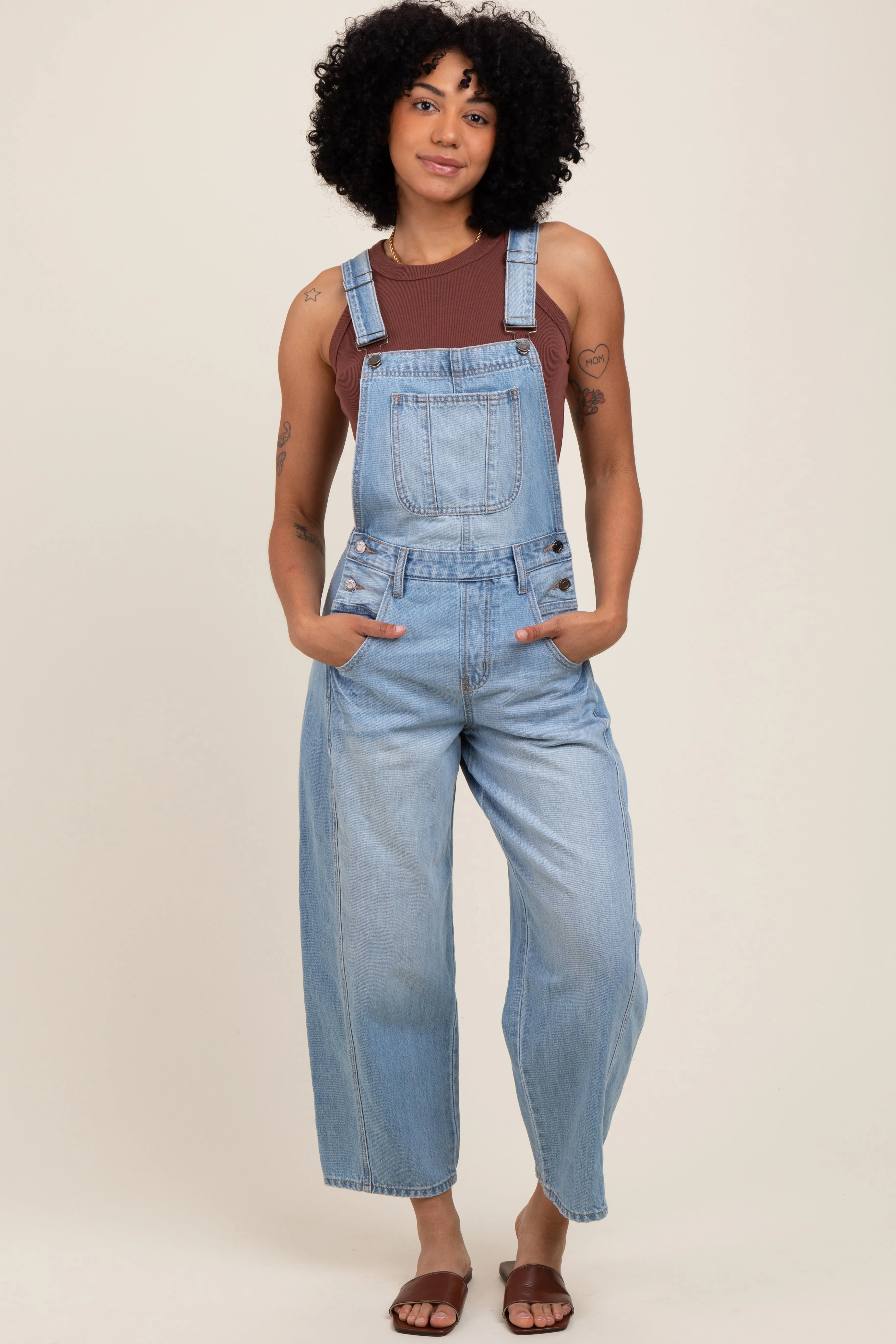 Light Blue Barrel Leg Overalls sold by Pinkblush