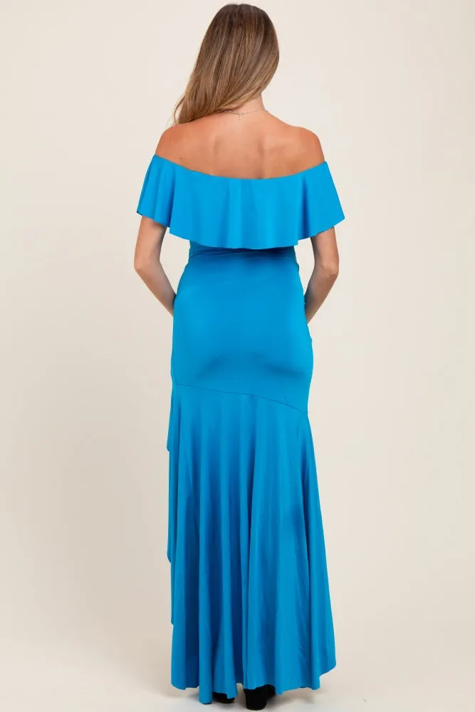Blue Off Shoulder Ruffle Hi-Low Maternity Maxi Dress sold by Pinkblush product image thumbnail 3