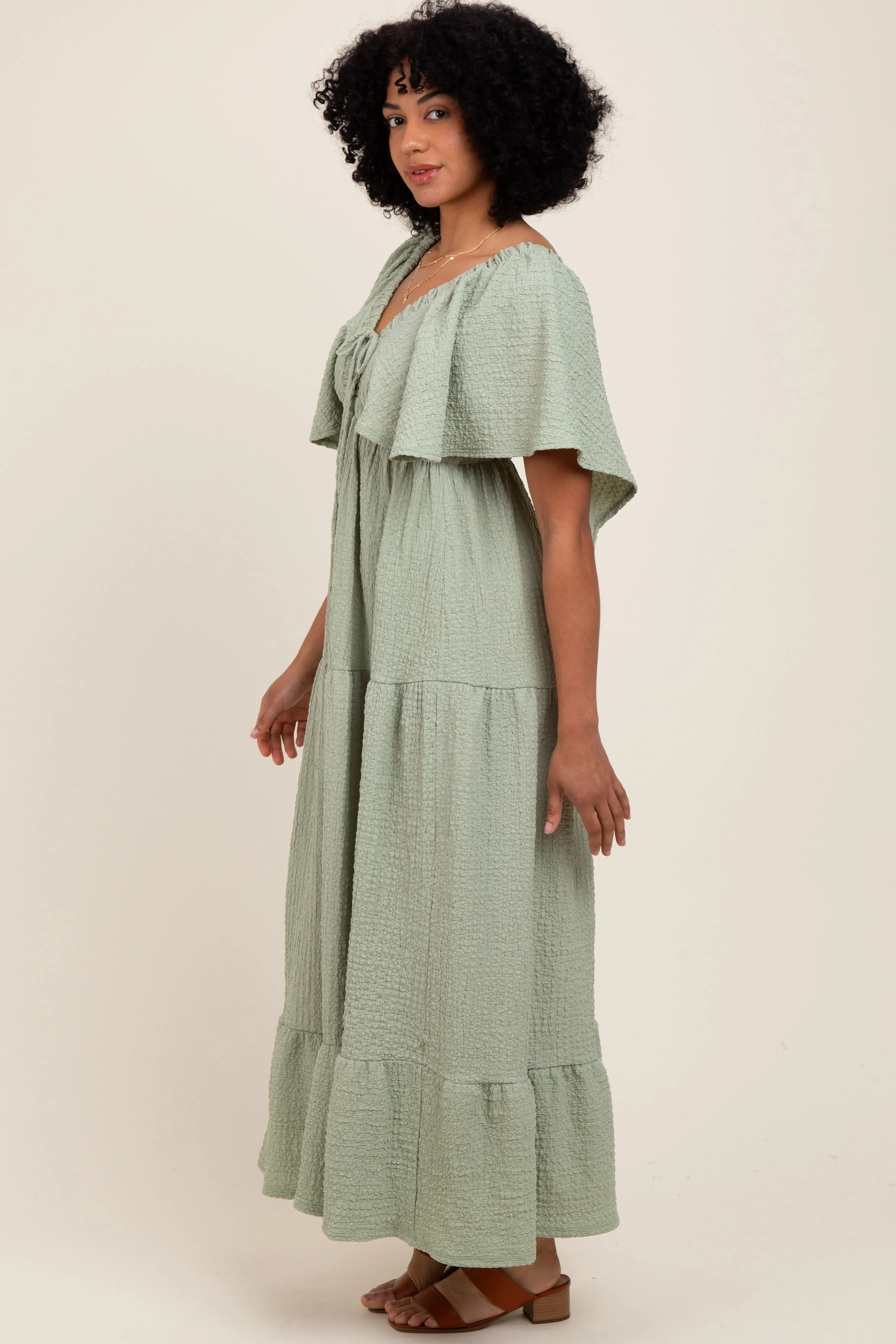 Sage Woven Textured Flutter Sleeve V-Neck Tiered Maxi Dress sold by Pinkblush product image thumbnail 3