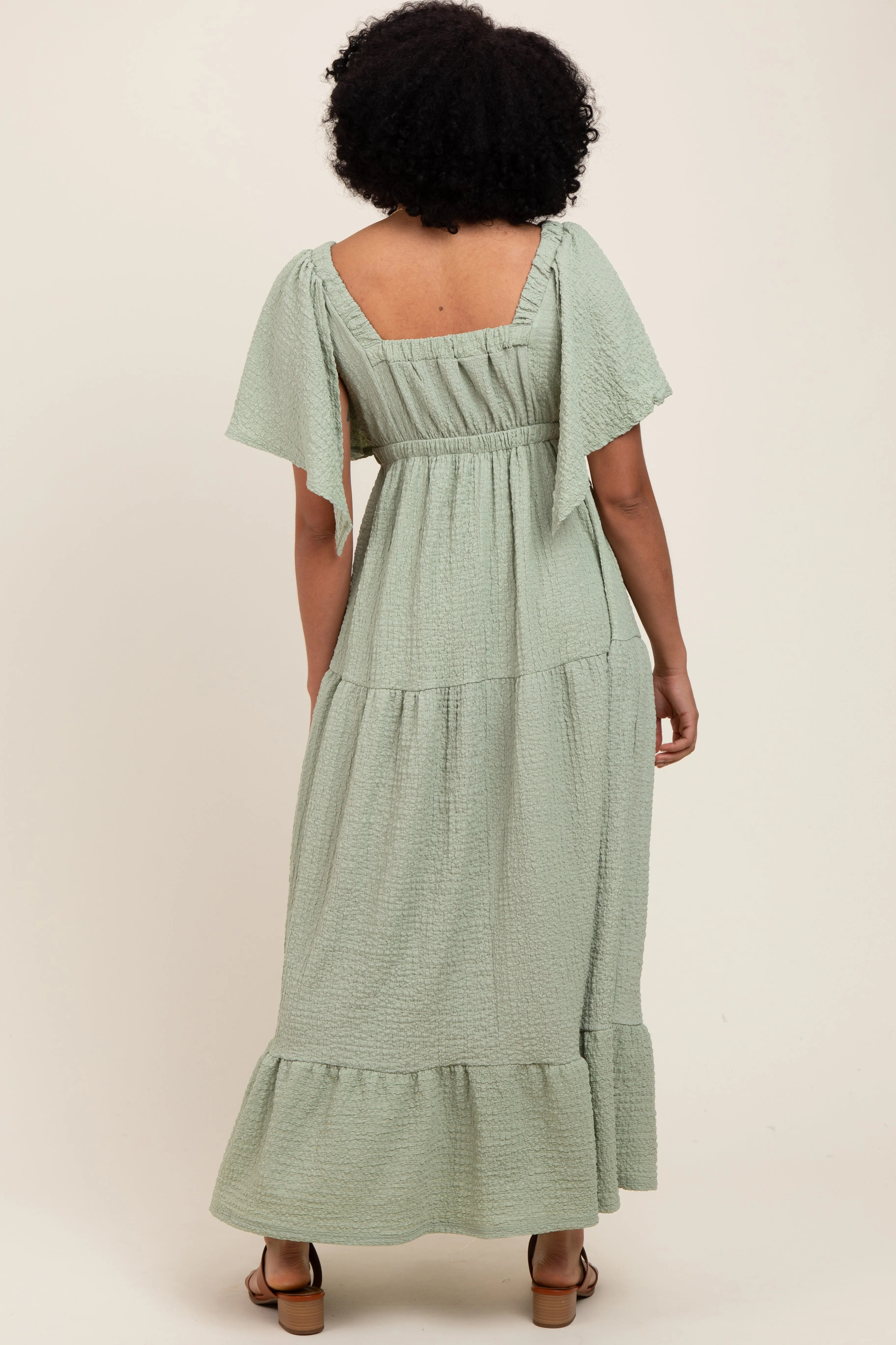 Sage Woven Textured Flutter Sleeve V-Neck Tiered Maxi Dress sold by Pinkblush product image thumbnail 4