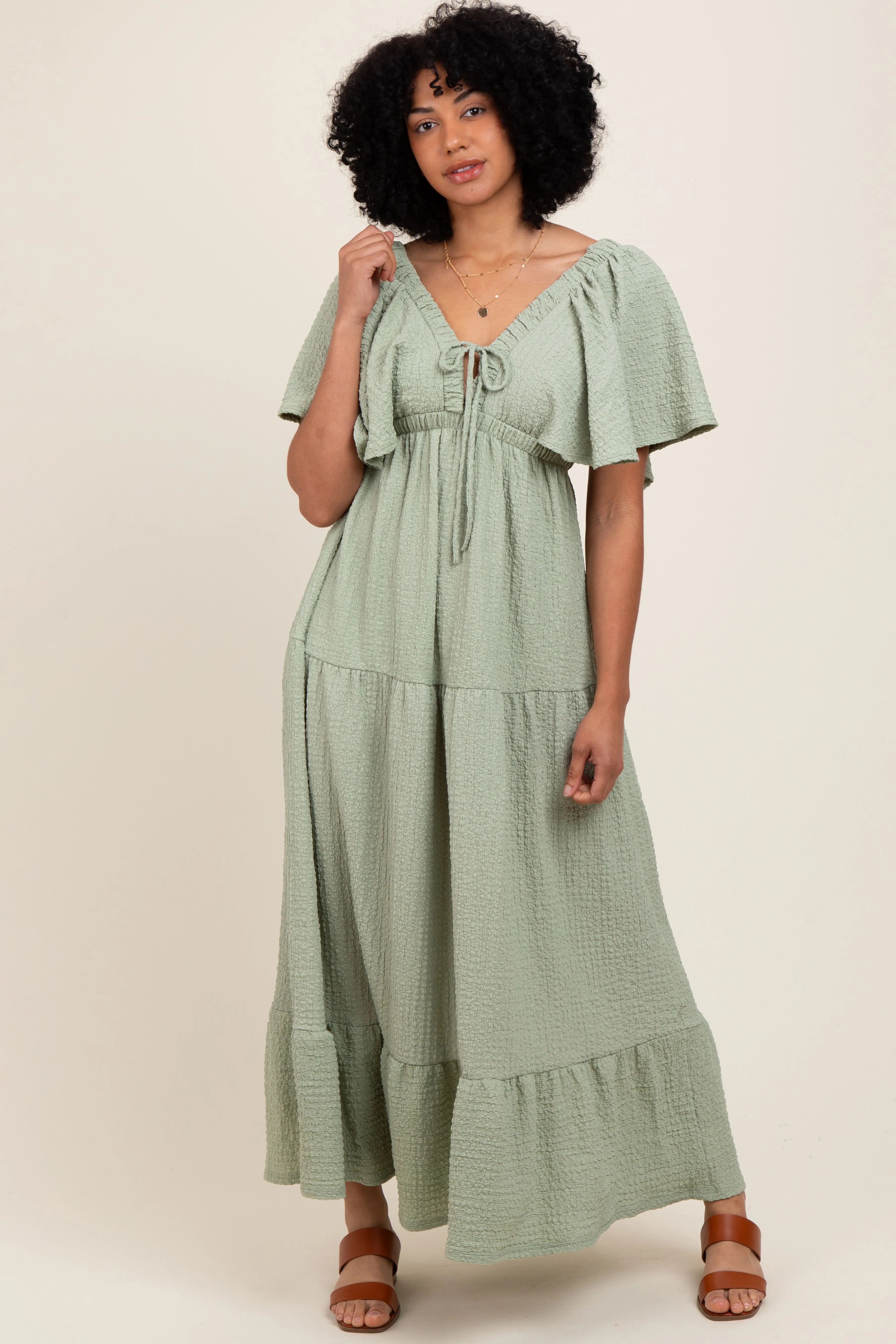 Sage Woven Textured Flutter Sleeve V-Neck Tiered Maxi Dress sold by Pinkblush product image thumbnail 2