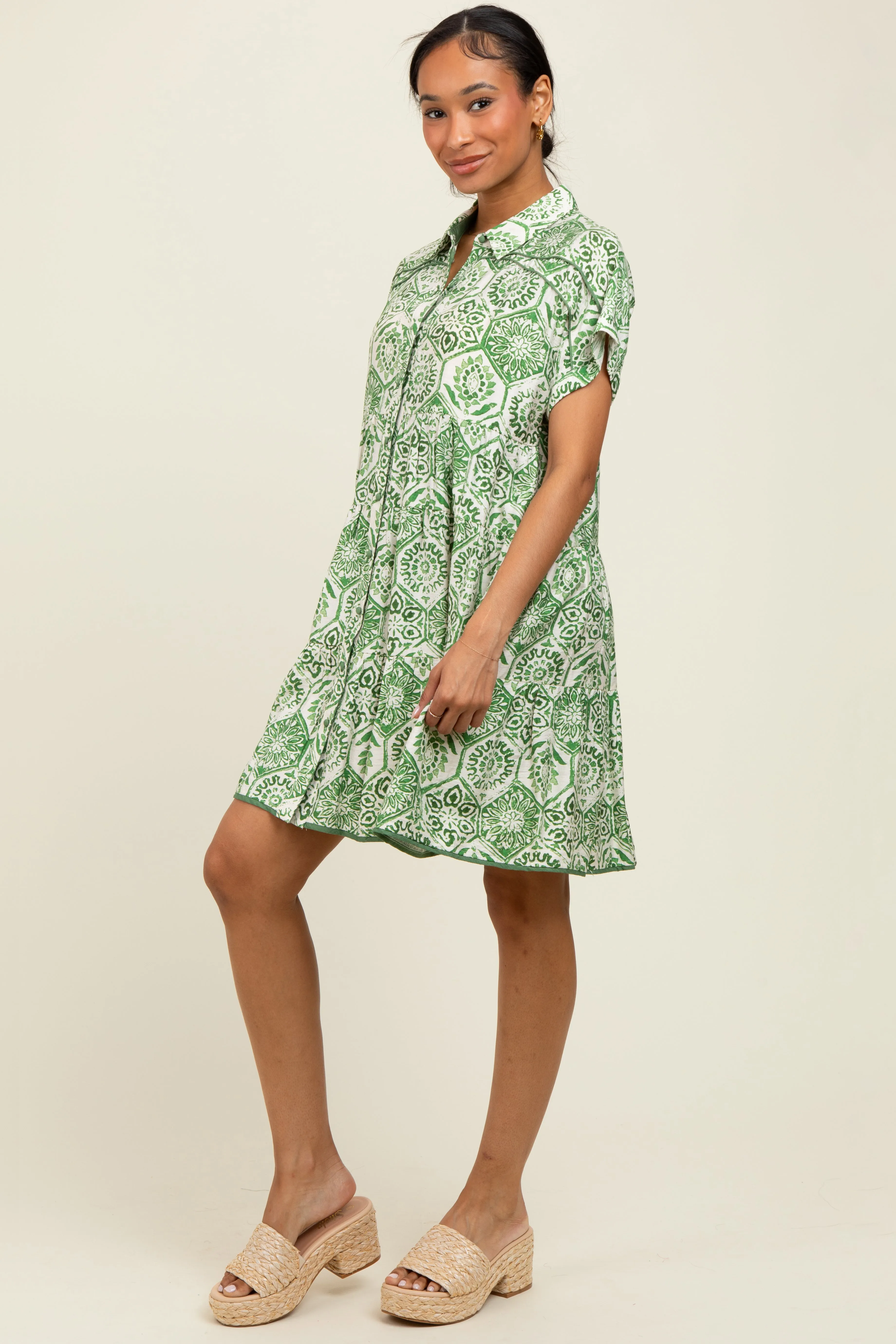 Green Damask Tiered Short Sleeve Shirt Dress sold by Pinkblush product image thumbnail 2