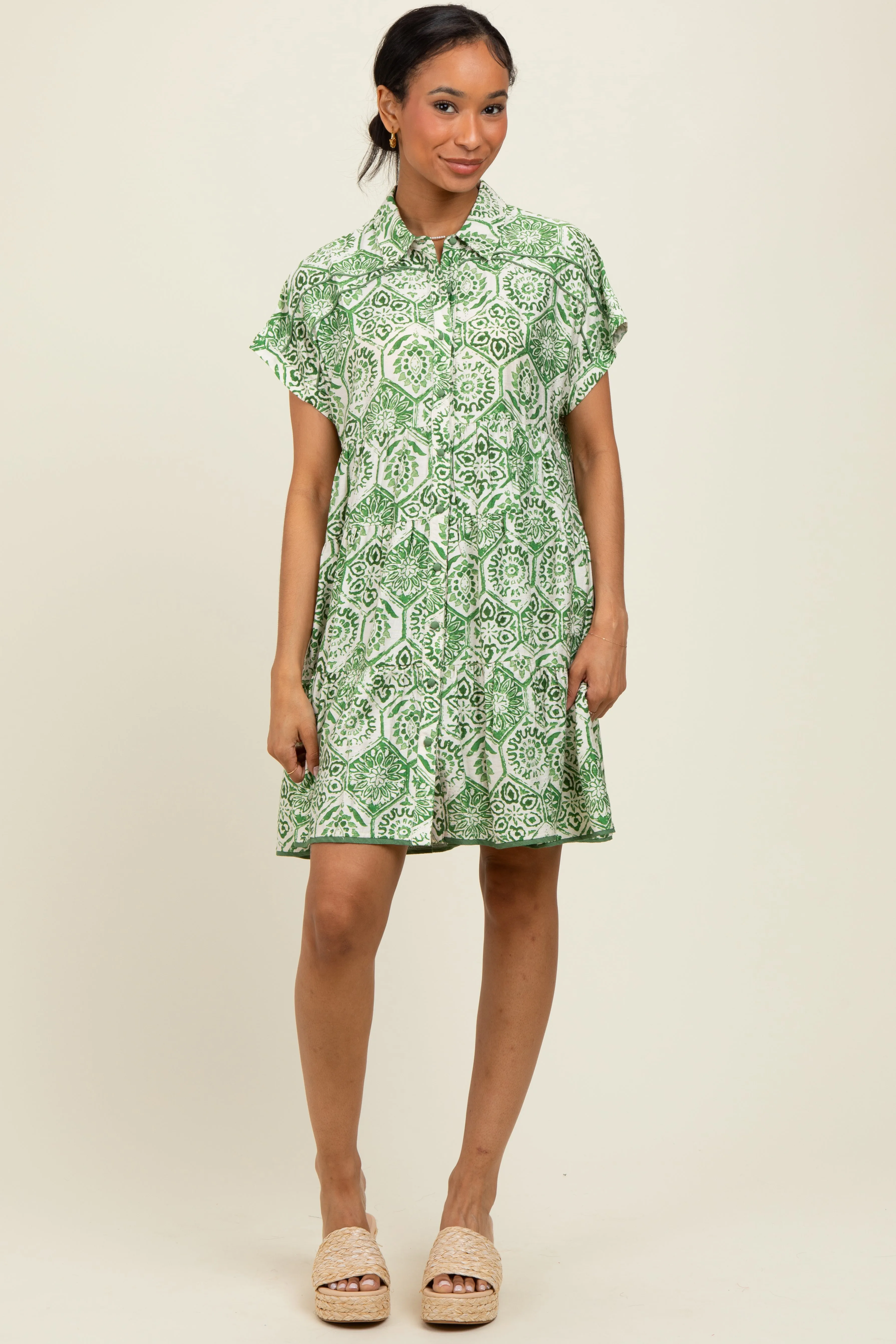 Green Damask Tiered Short Sleeve Shirt Dress sold by Pinkblush