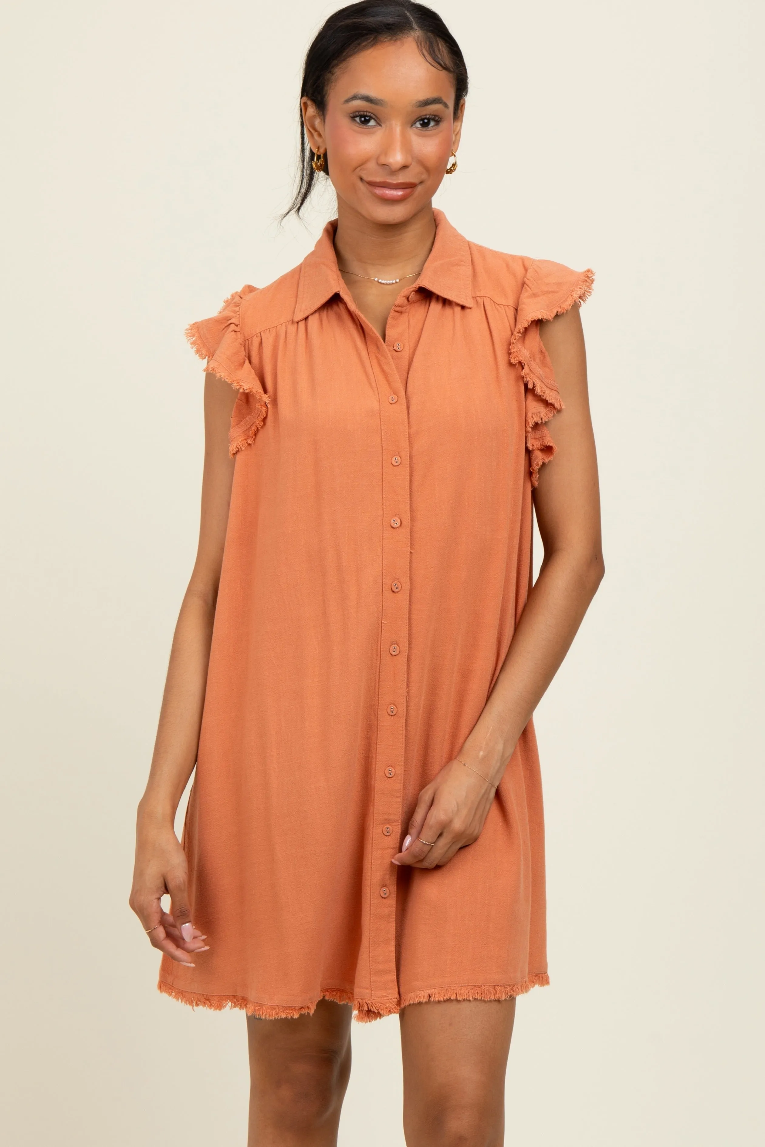Peach Fringe Detail Ruffle Sleeve Shirt Dress sold by Pinkblush product image thumbnail 3