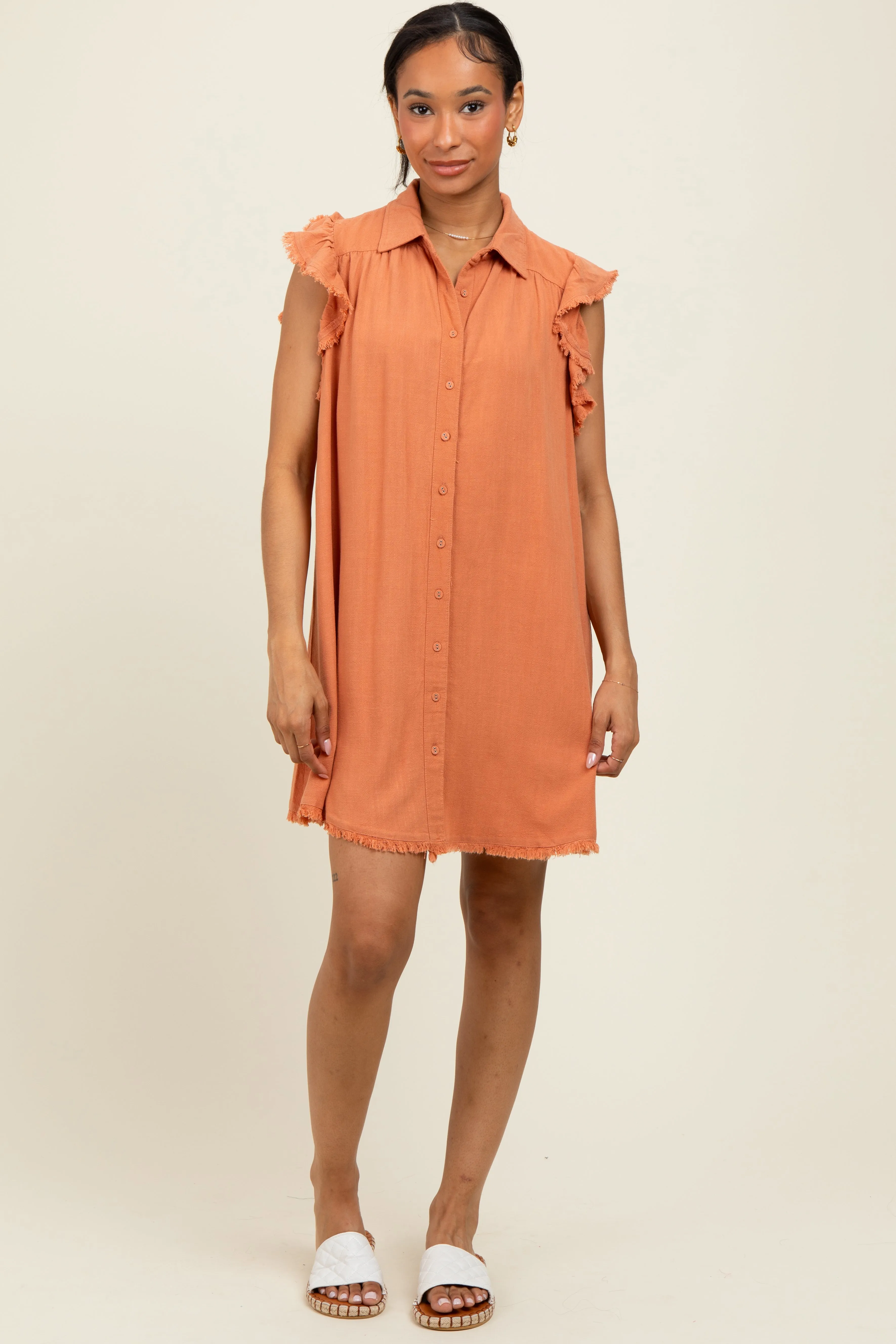 Peach Fringe Detail Ruffle Sleeve Shirt Dress sold by Pinkblush