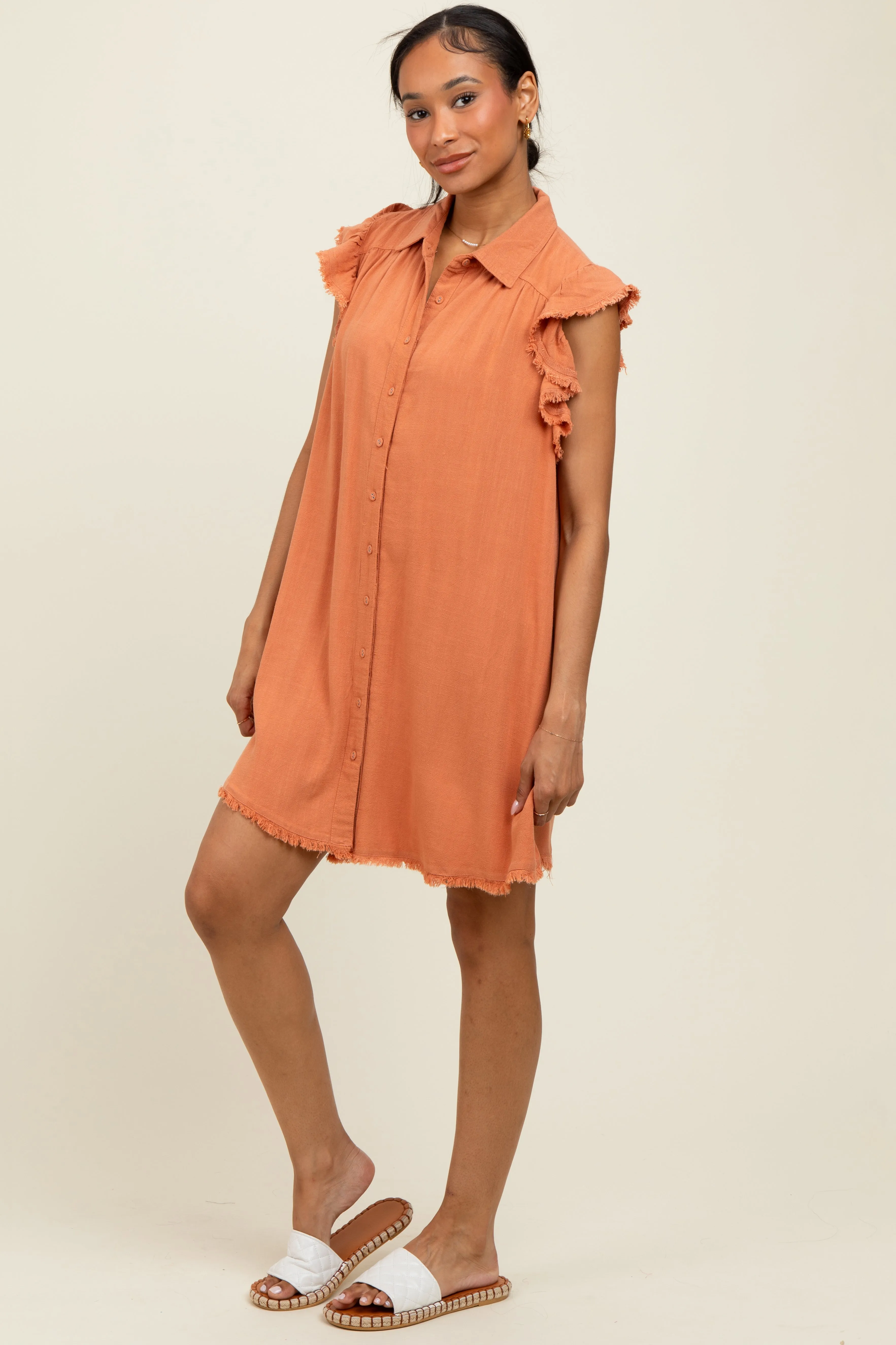 Peach Fringe Detail Ruffle Sleeve Shirt Dress sold by Pinkblush product image thumbnail 2