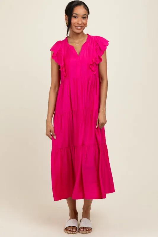 Fuchsia Ruffle Sleeve Tiered Midi Dress sold by Pinkblush
