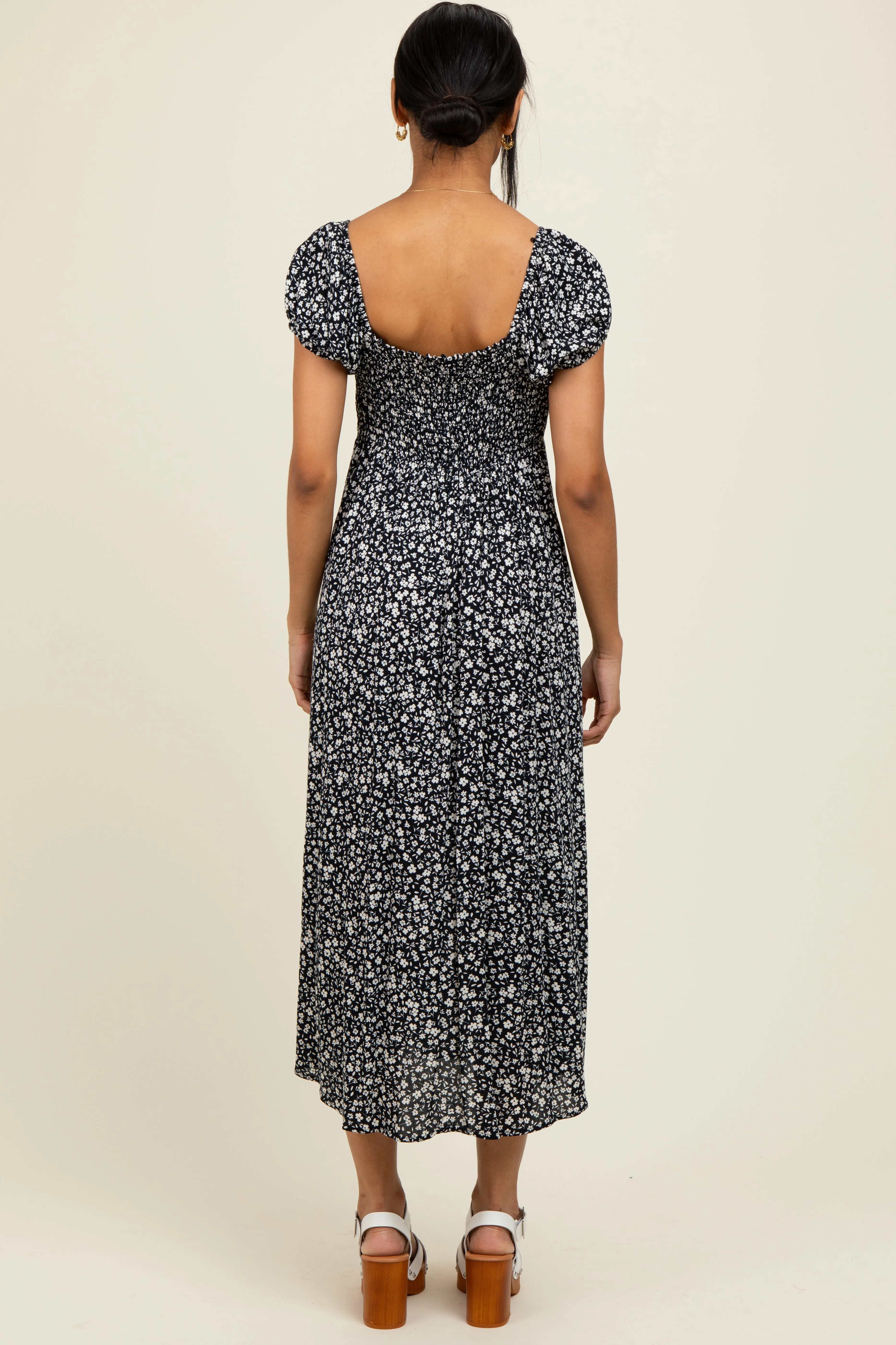 Black Floral V-Neck Button Down Midi Dress sold by Pinkblush product image thumbnail 3