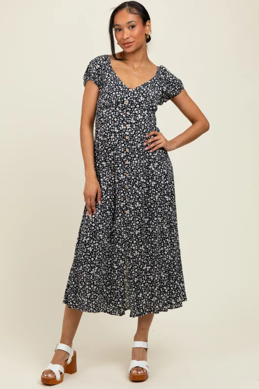 Black Floral V-Neck Button Down Midi Dress sold by Pinkblush