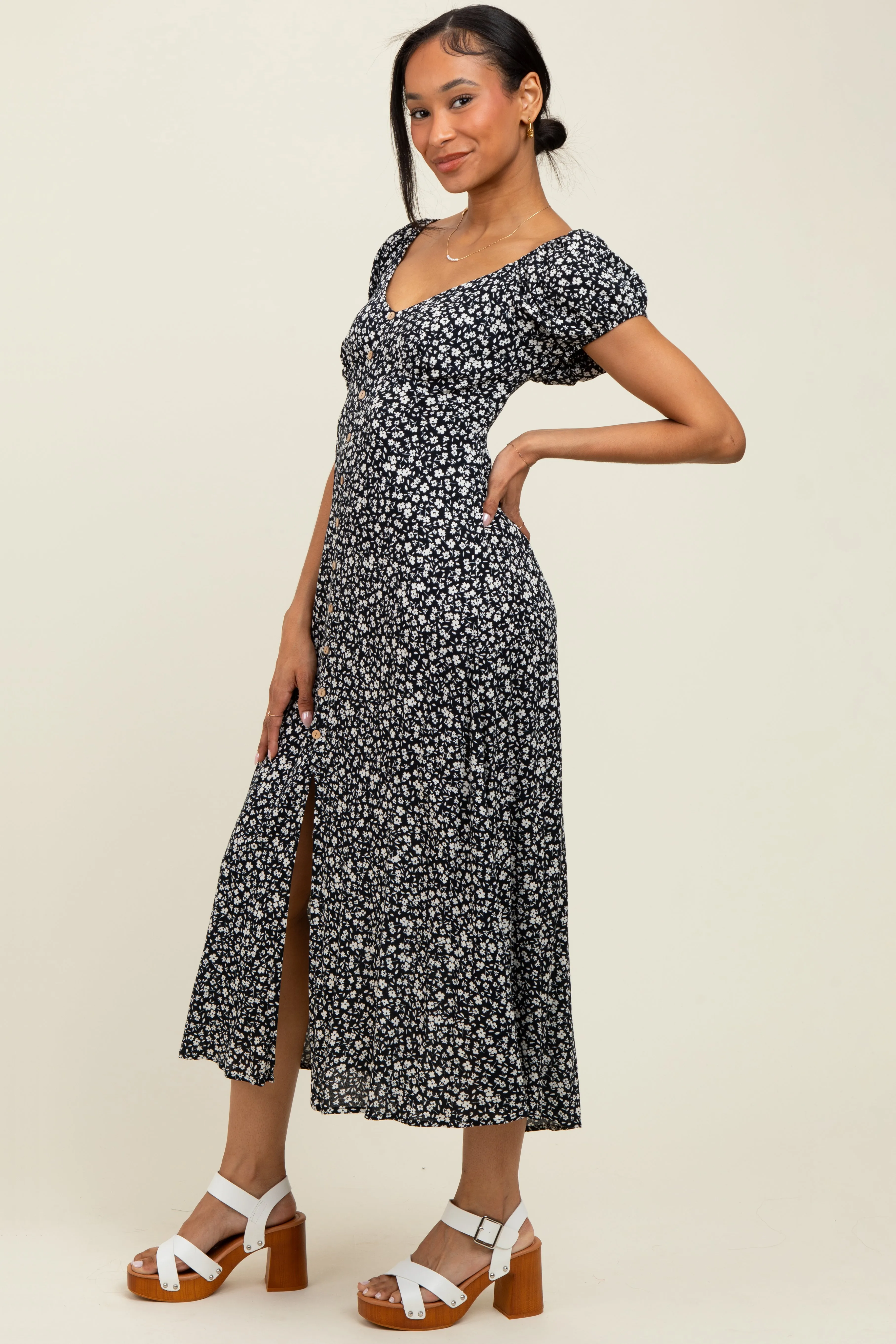 Black Floral V-Neck Button Down Midi Dress sold by Pinkblush product image thumbnail 2