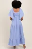 Light Blue Woven Textured Flutter Sleeve V-Neck Tiered Maxi Dress sold by Pinkblush