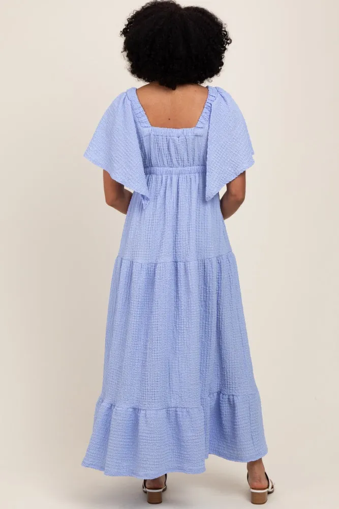 Light Blue Woven Textured Flutter Sleeve V-Neck Tiered Maxi Dress sold by Pinkblush product image thumbnail 2