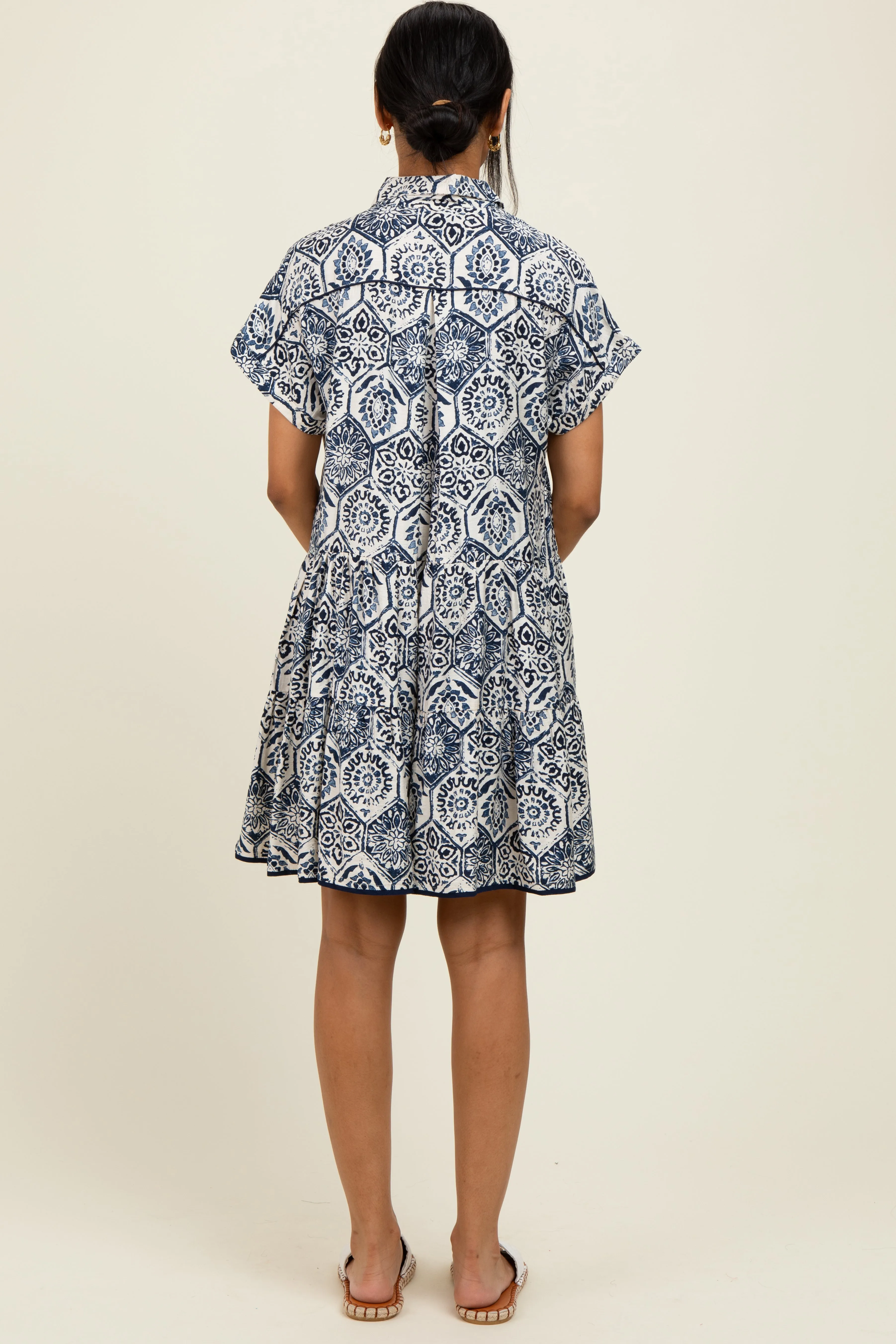 Navy Damask Tiered Short Sleeve Shirt Dress sold by Pinkblush product image thumbnail 3