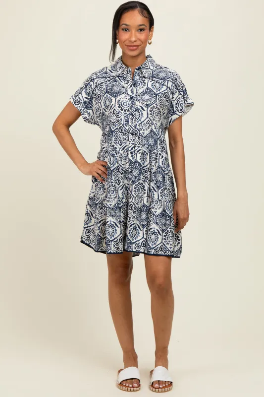 Navy Damask Tiered Short Sleeve Shirt Dress sold by Pinkblush