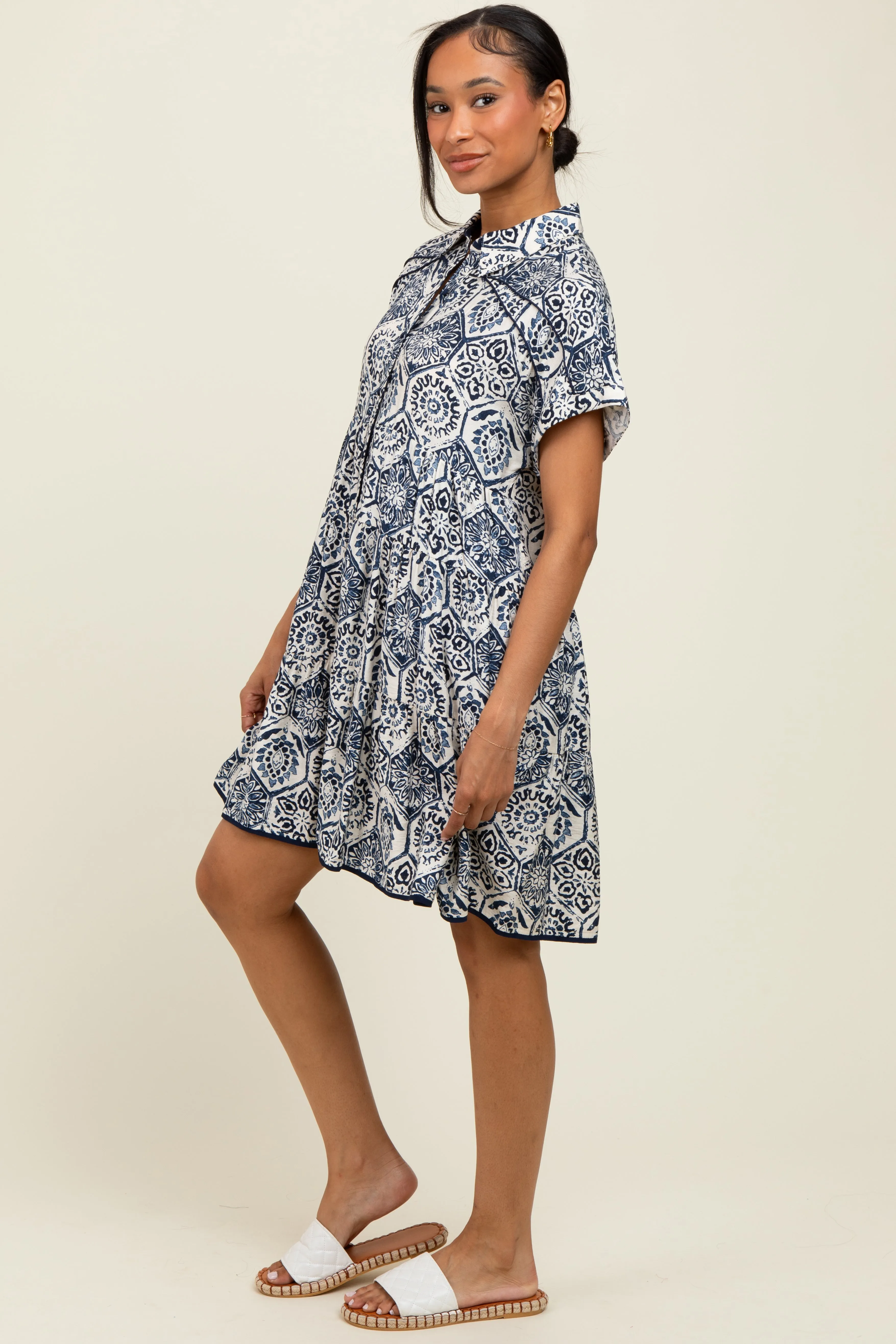Navy Damask Tiered Short Sleeve Shirt Dress sold by Pinkblush product image thumbnail 2