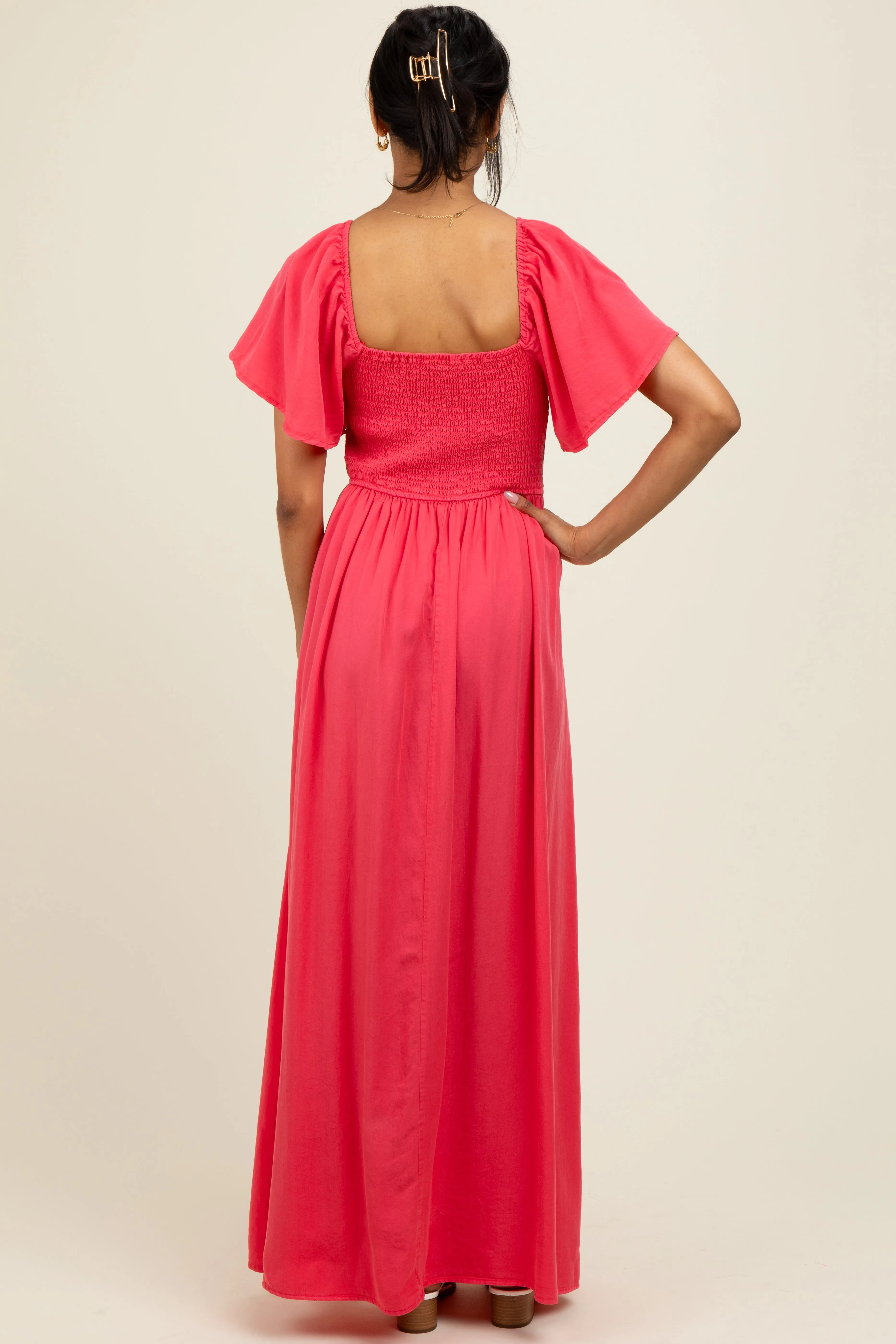 Coral Chambray Smocked Maxi Dress sold by Pinkblush product image thumbnail 4