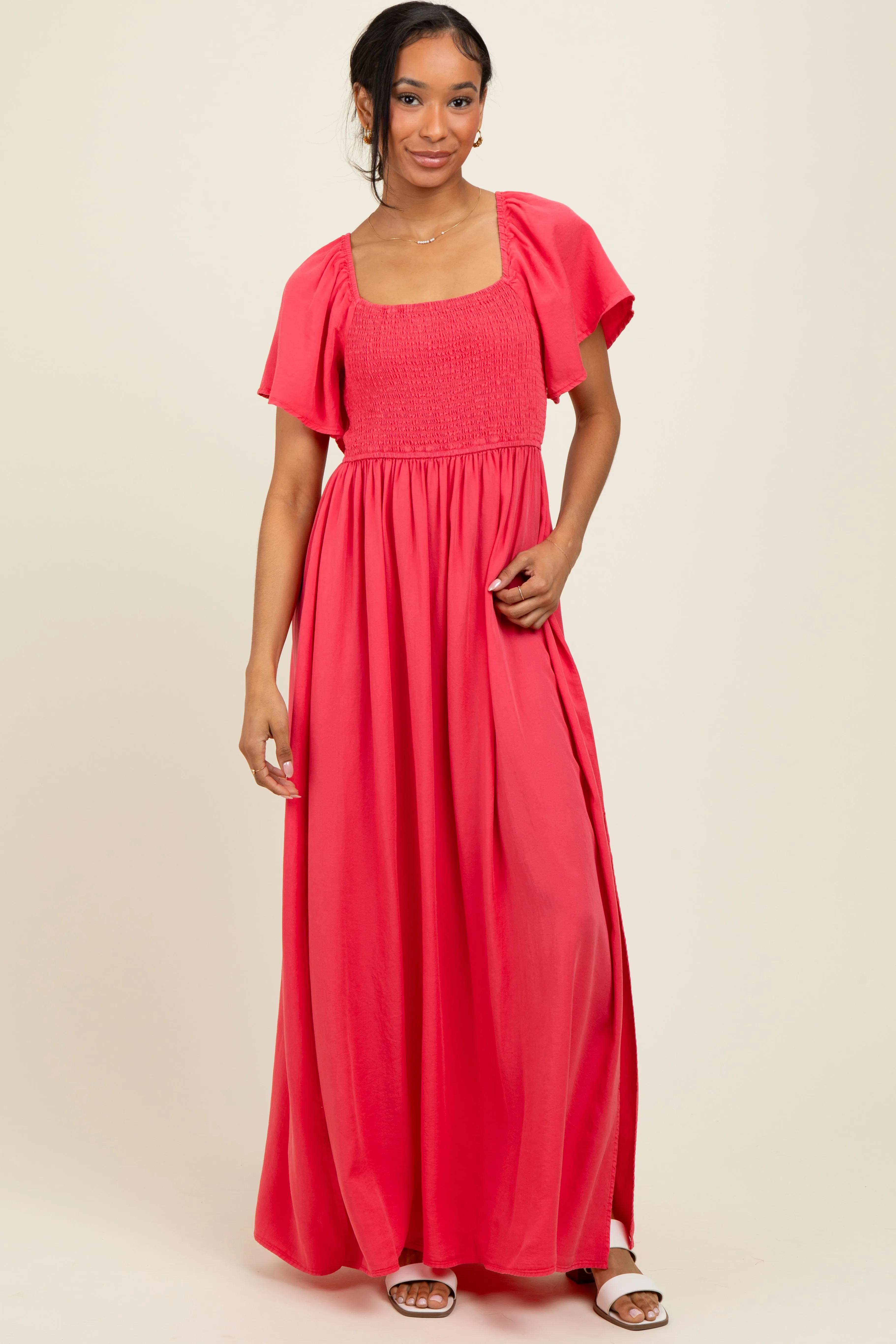 Coral Chambray Smocked Maxi Dress sold by Pinkblush