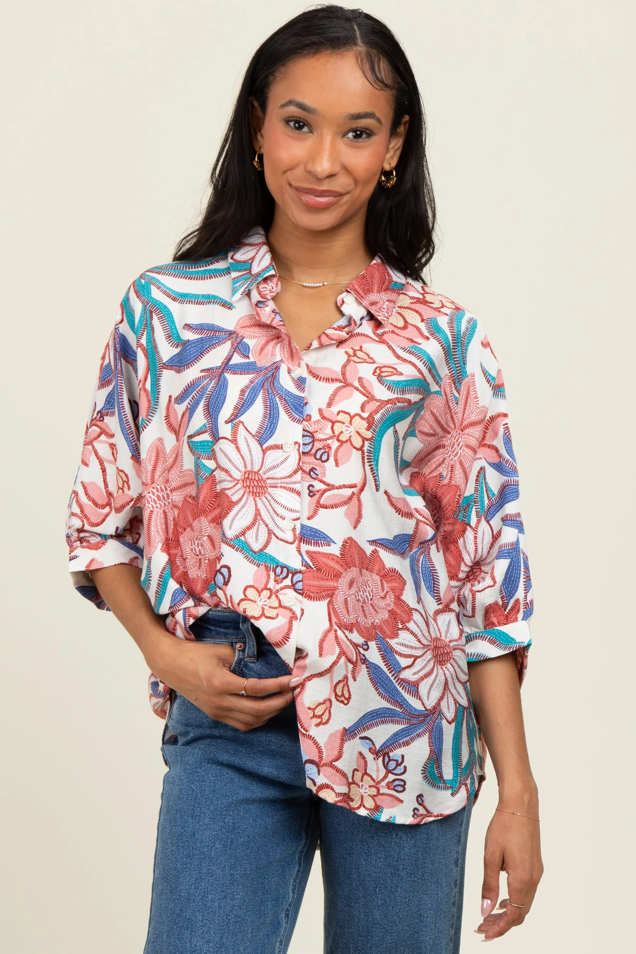 Pink Floral Embroidered Oversized Short Sleeve Blouse sold by Pinkblush