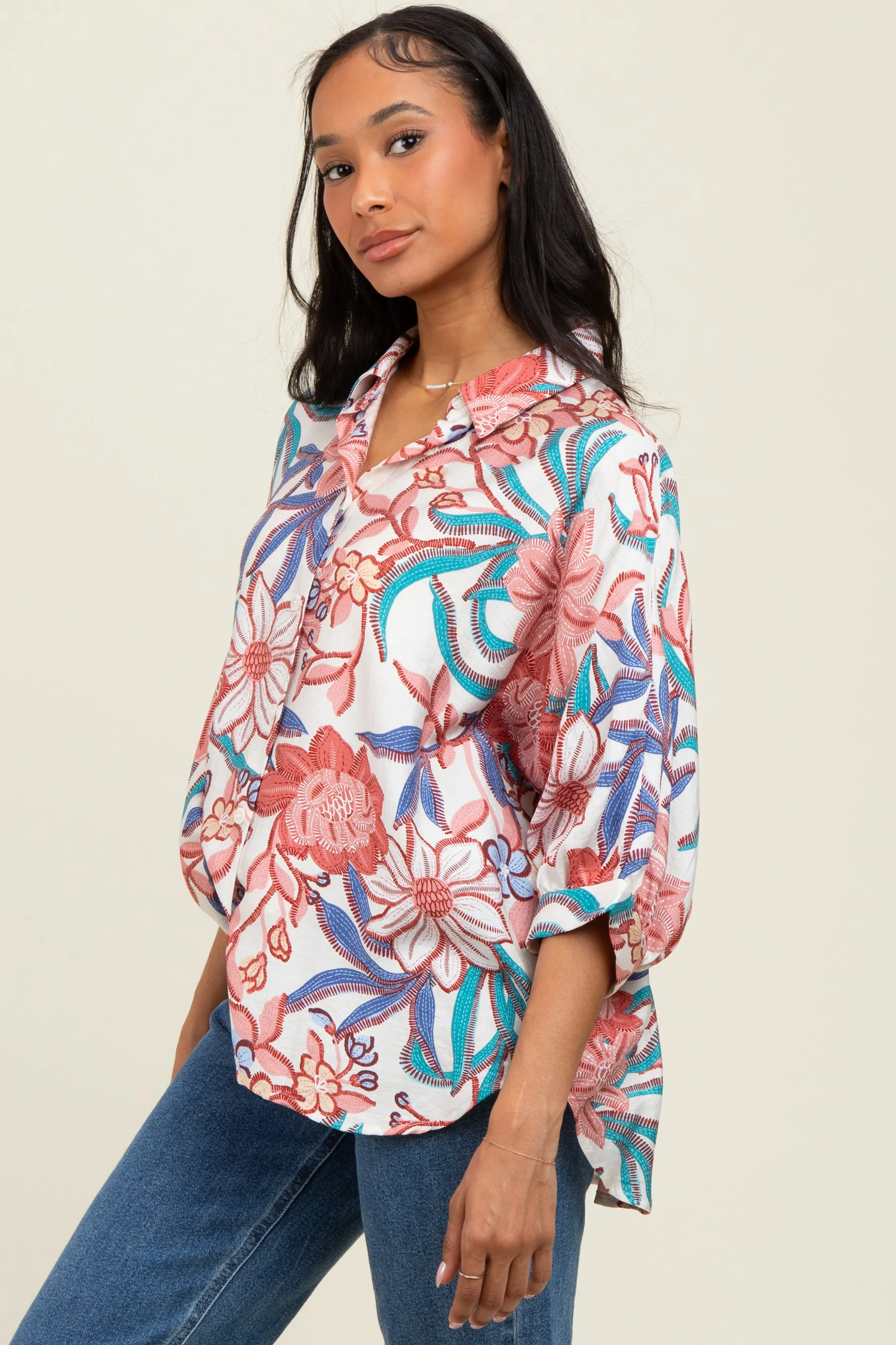 Pink Floral Embroidered Oversized Short Sleeve Blouse sold by Pinkblush product image thumbnail 2