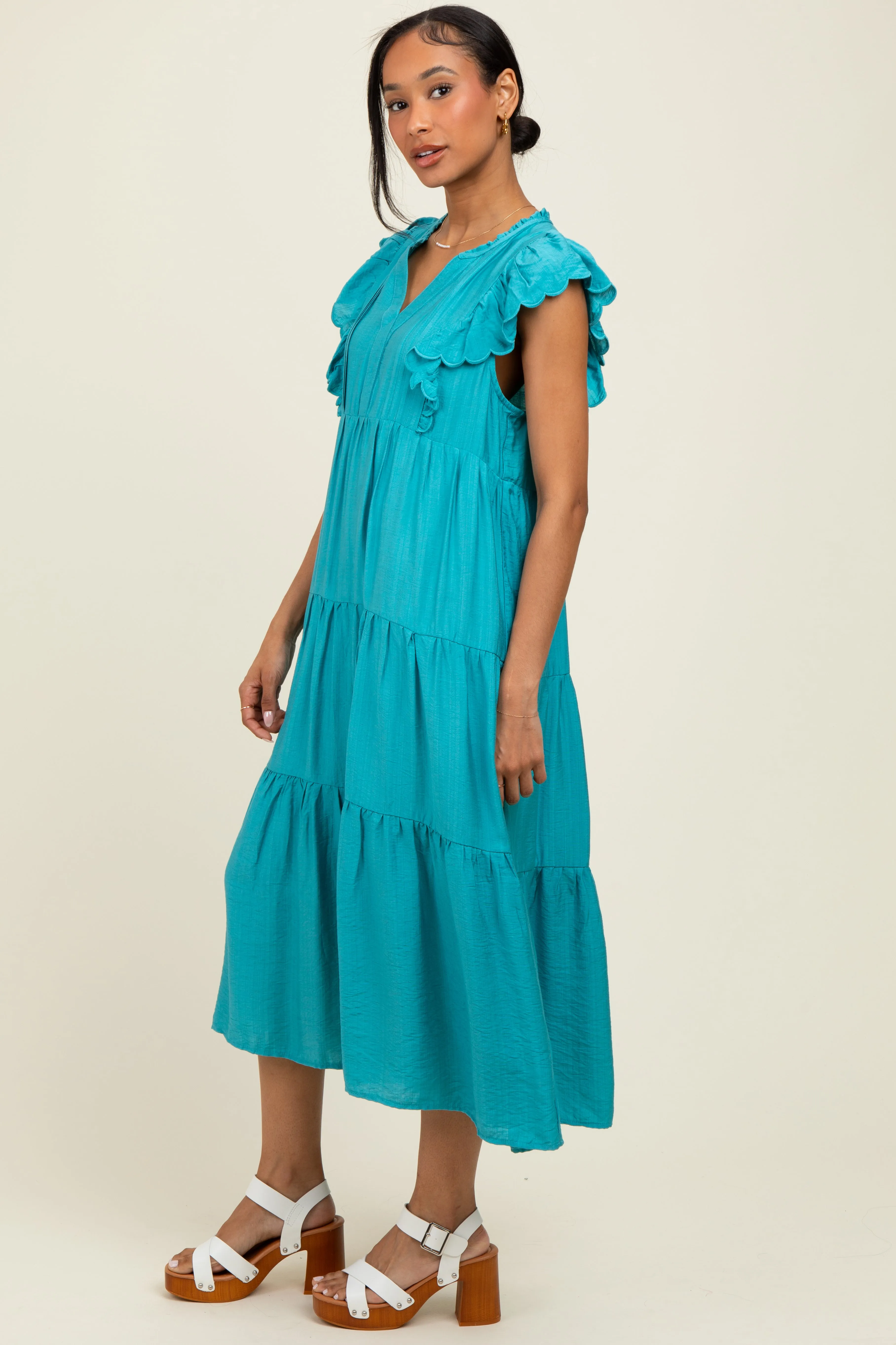 Aqua Ruffle Sleeve Tiered Midi Dress sold by Pinkblush product image thumbnail 2