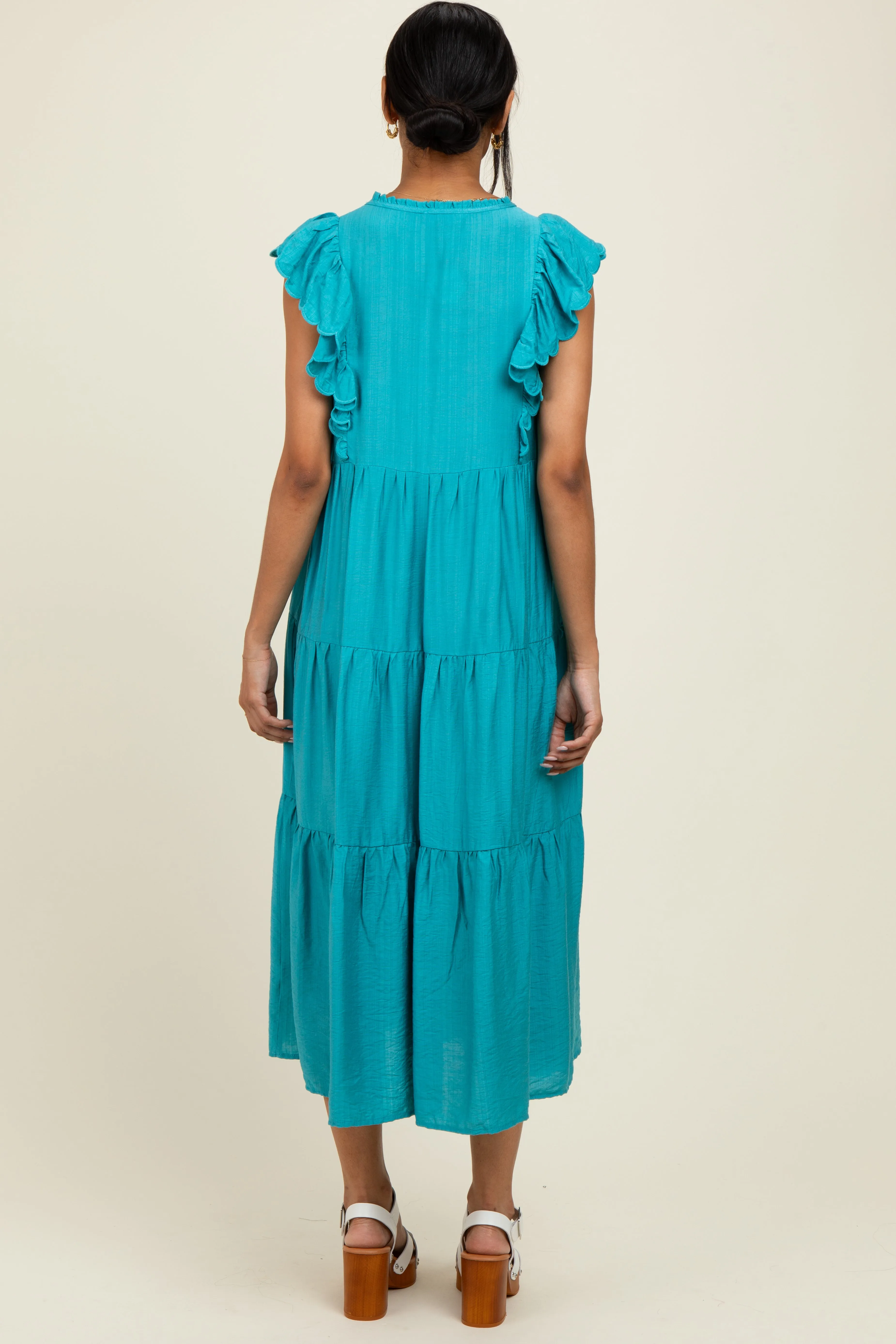 Aqua Ruffle Sleeve Tiered Midi Dress sold by Pinkblush product image thumbnail 3