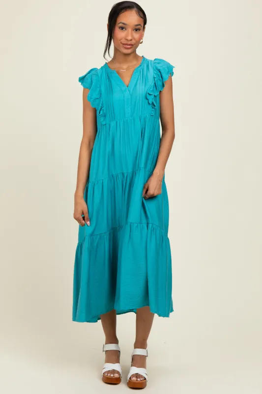 Aqua Ruffle Sleeve Tiered Midi Dress sold by Pinkblush