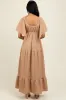 Taupe Woven Textured Flutter Sleeve V-Neck Tiered Maxi Dress sold by Pinkblush