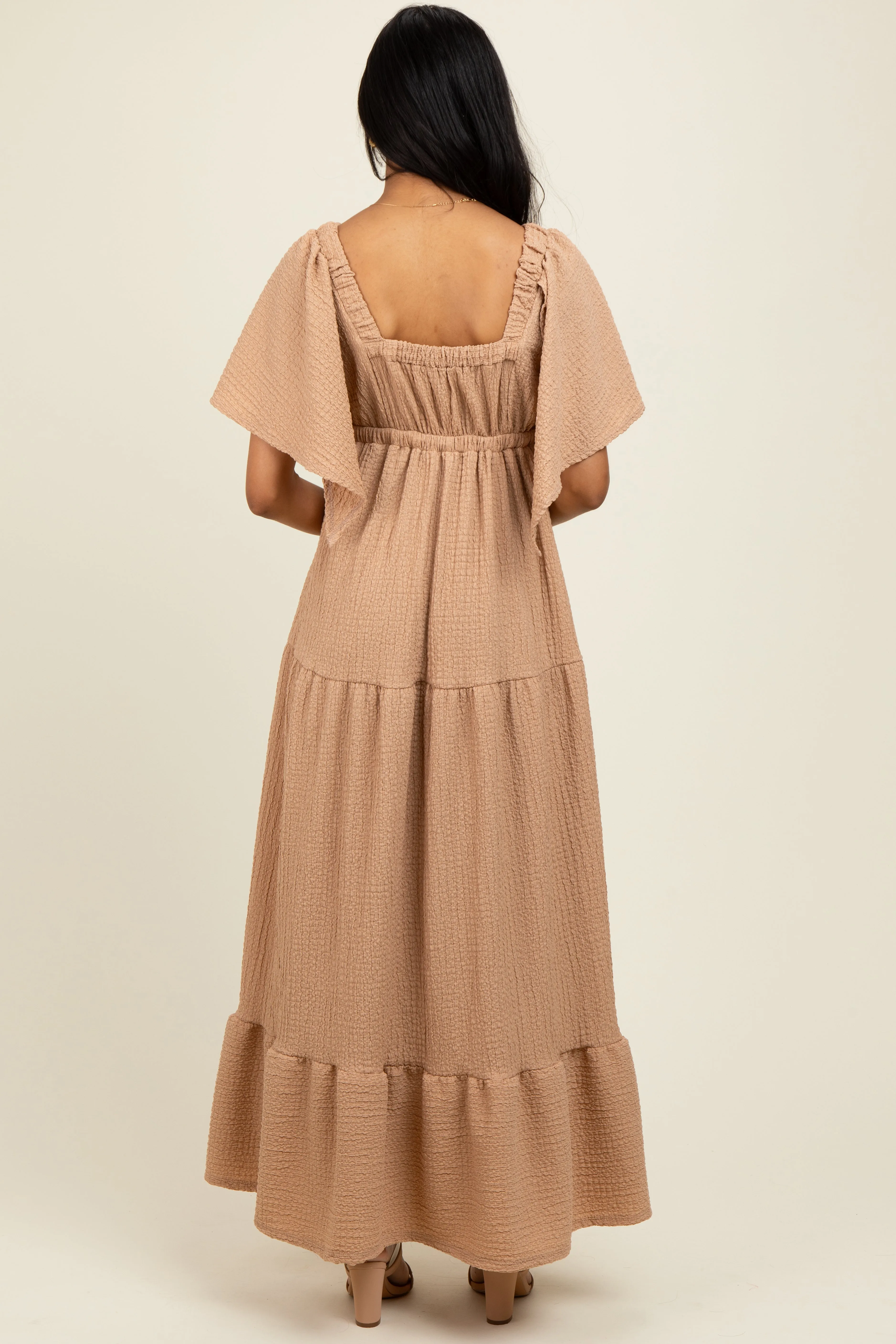 Taupe Woven Textured Flutter Sleeve V-Neck Tiered Maxi Dress sold by Pinkblush product image thumbnail 2
