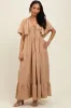 Taupe Woven Textured Flutter Sleeve V-Neck Tiered Maxi Dress sold by Pinkblush