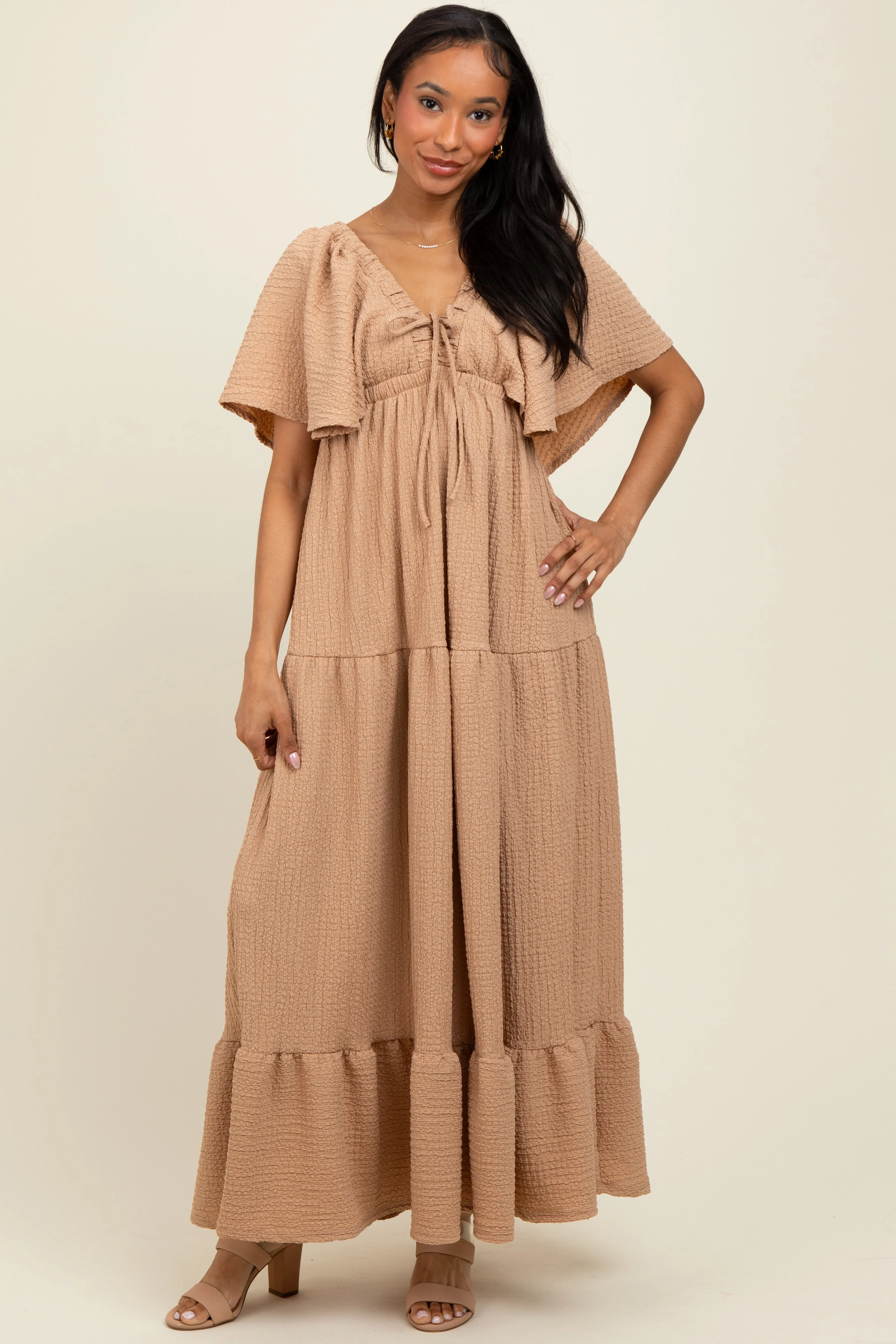 Taupe Woven Textured Flutter Sleeve V-Neck Tiered Maxi Dress sold by Pinkblush