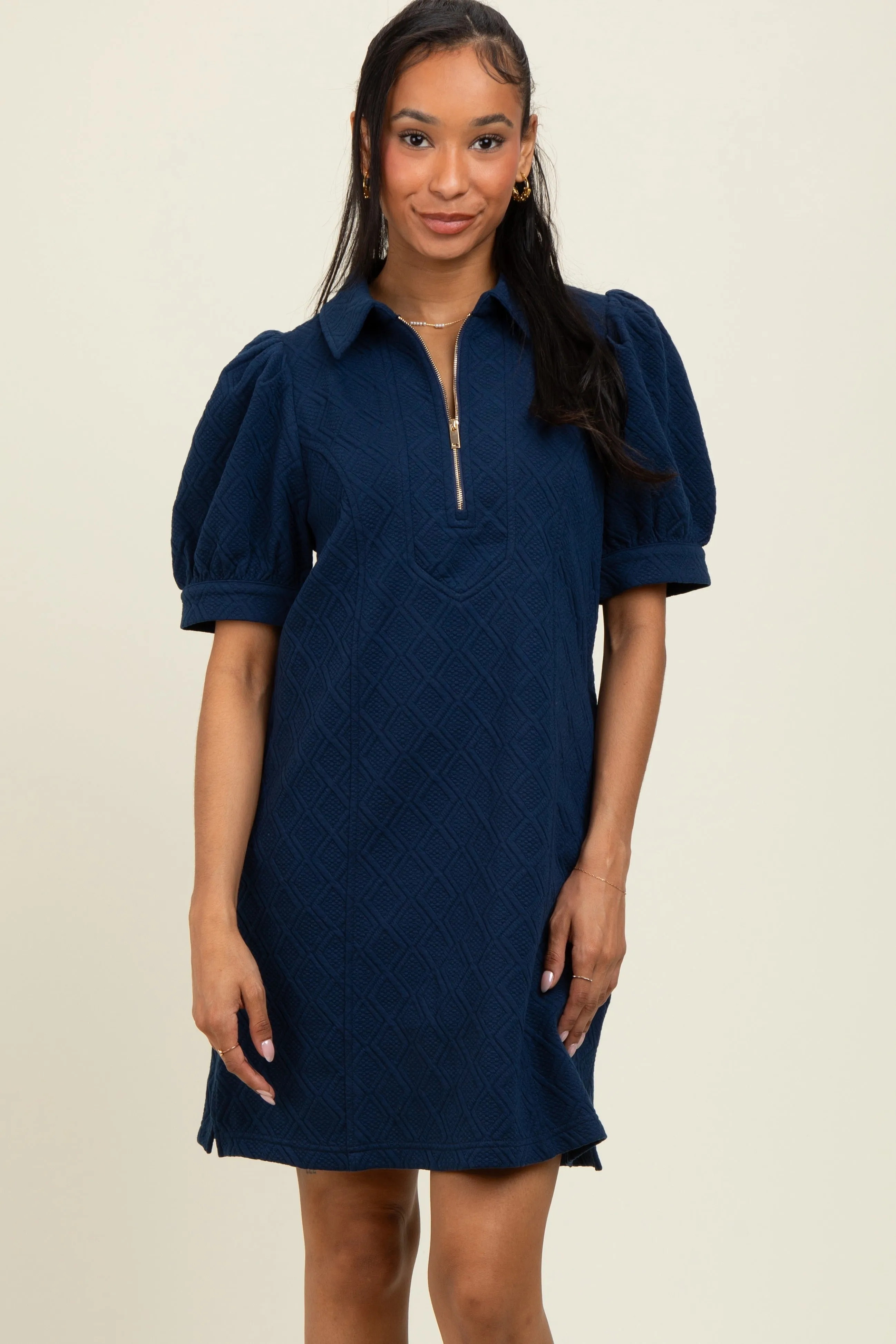 Navy Jacquard 1/4 Zip Mini Shirt Dress sold by Pinkblush