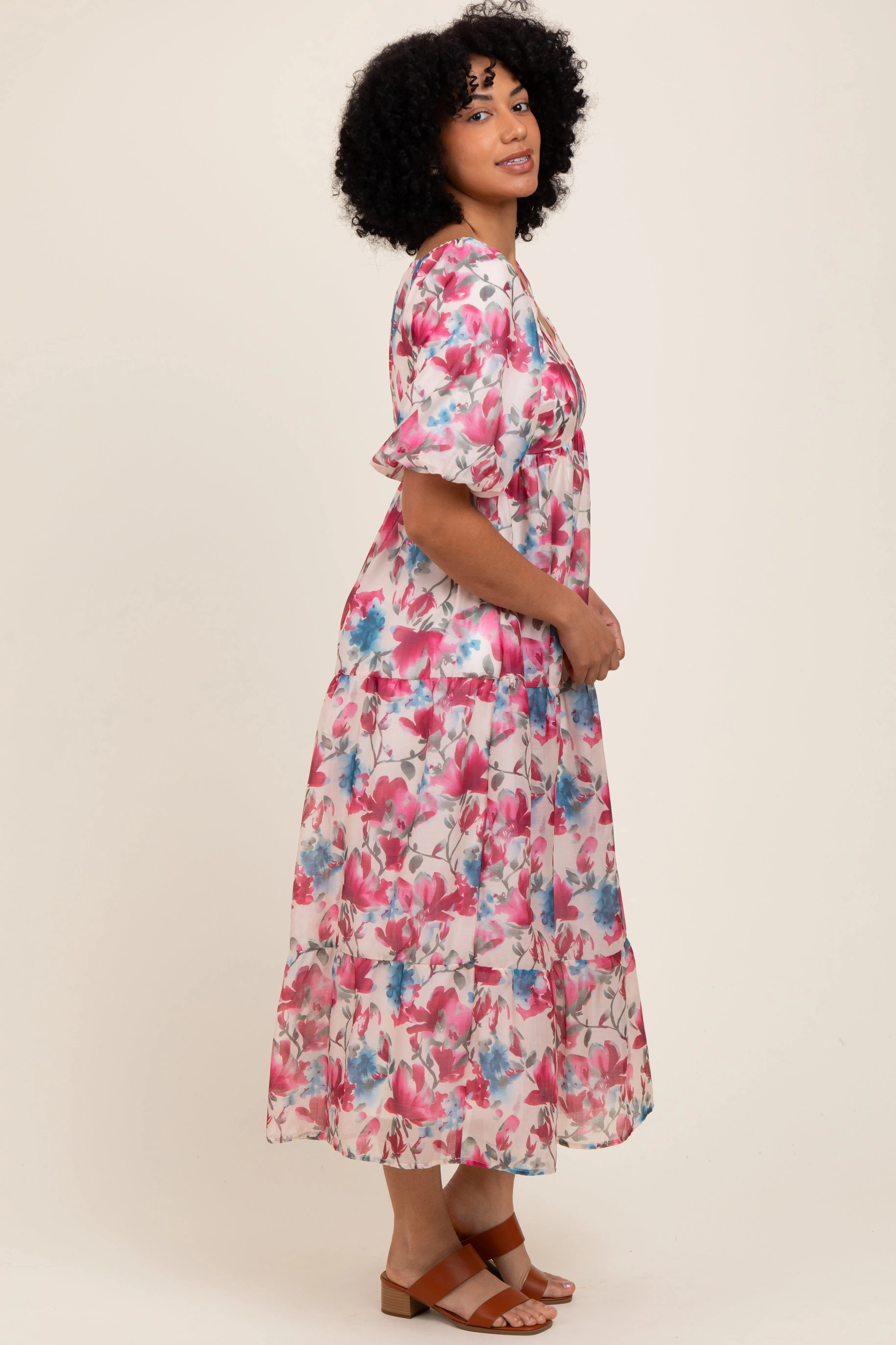 Pink Floral Tiered Puff Sleeve Midi Dress sold by Pinkblush product image thumbnail 3