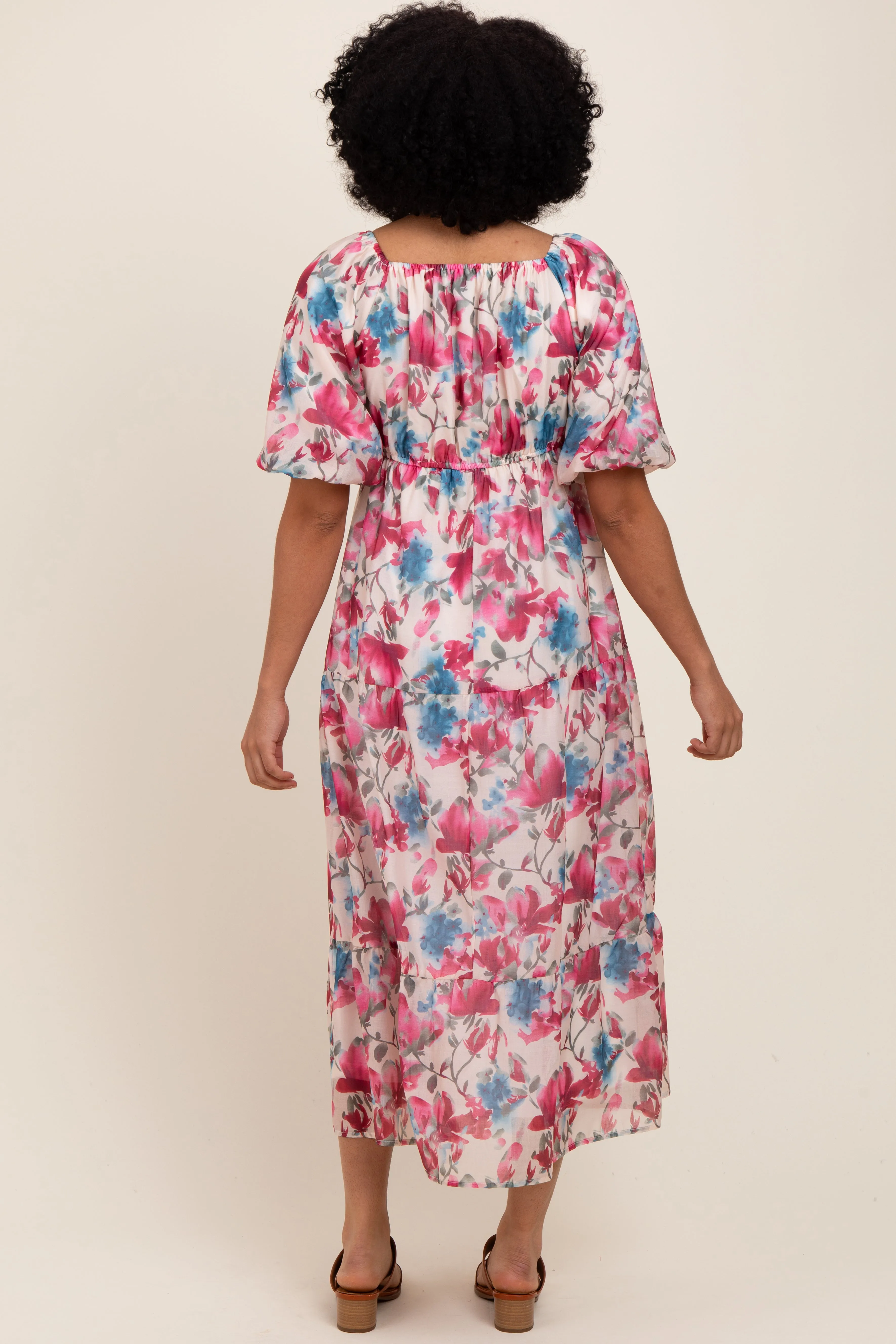 Pink Floral Tiered Puff Sleeve Midi Dress sold by Pinkblush product image thumbnail 4