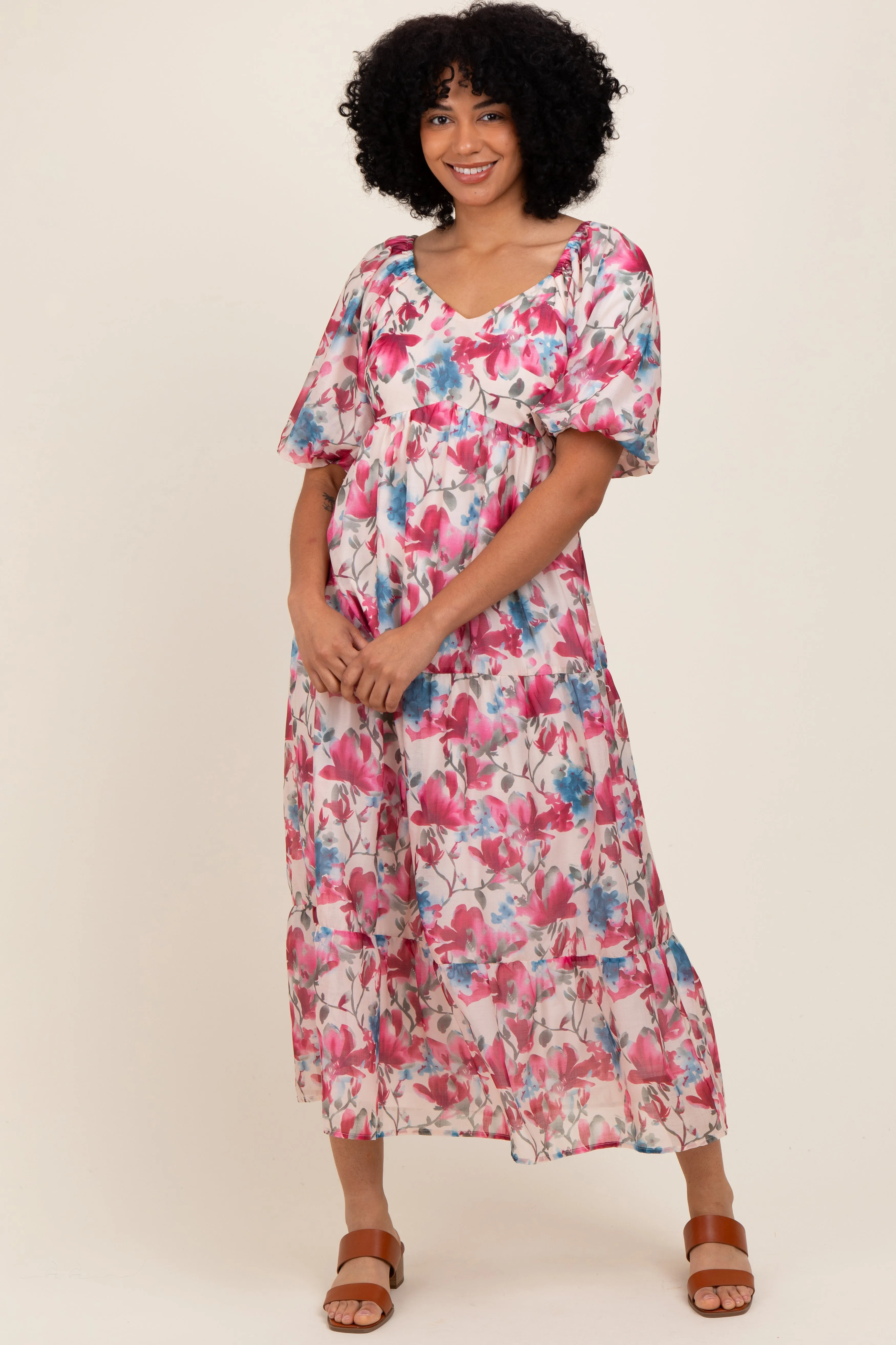 Pink Floral Tiered Puff Sleeve Midi Dress sold by Pinkblush
