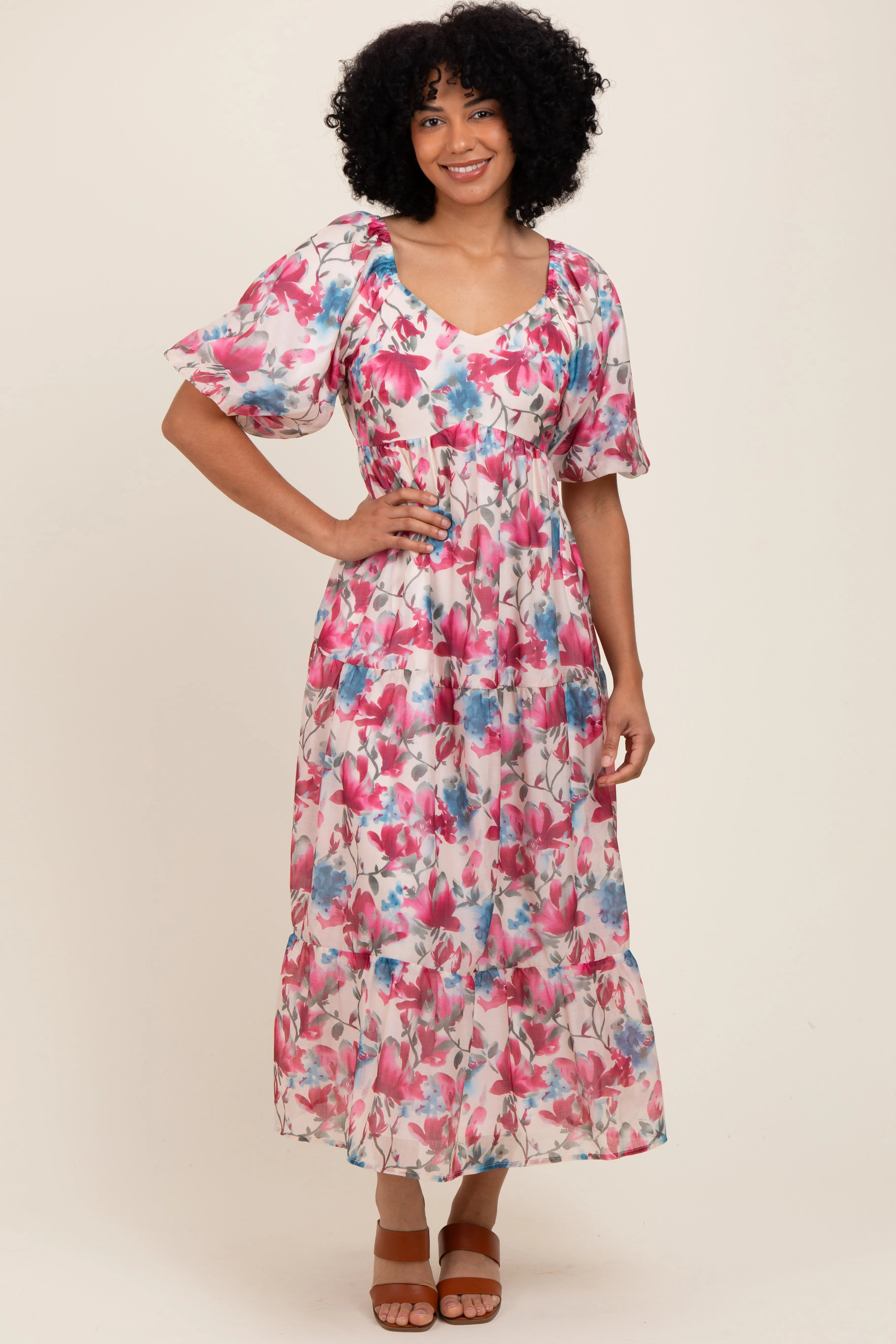 Pink Floral Tiered Puff Sleeve Midi Dress sold by Pinkblush product image thumbnail 2