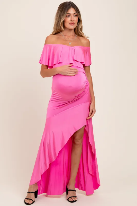 Fuchsia Off Shoulder Ruffle Hi-Low Maternity Maxi Dress sold by Pinkblush