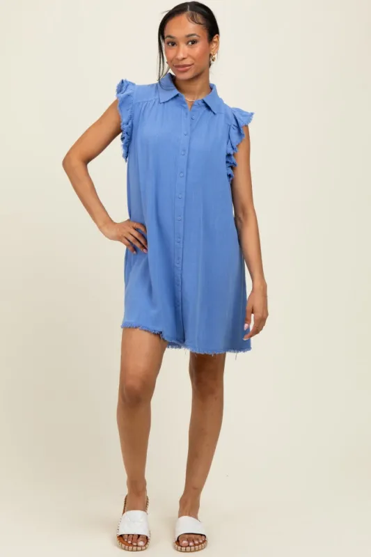 Periwinkle Fringe Detail Ruffle Sleeve Shirt Dress sold by Pinkblush